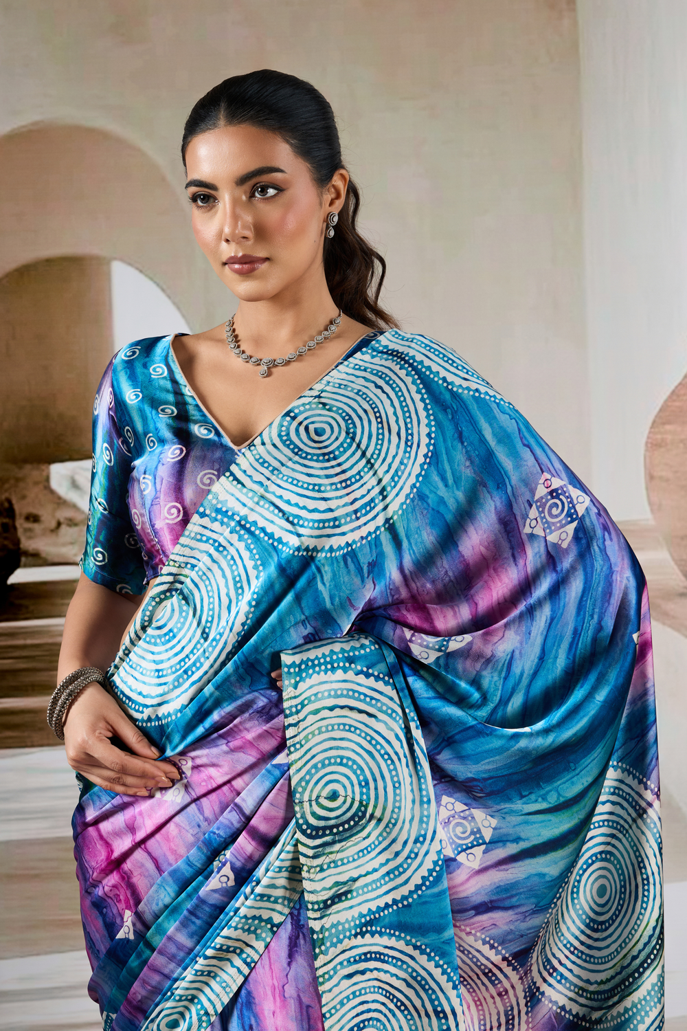 Blue Modal Satin Hand Prism Print Saree ##color## Japan Satin Saree with premium fabric and embroidery