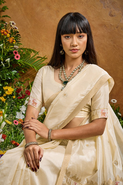 White Pure Soft Tussar Handloom Silk Saree 