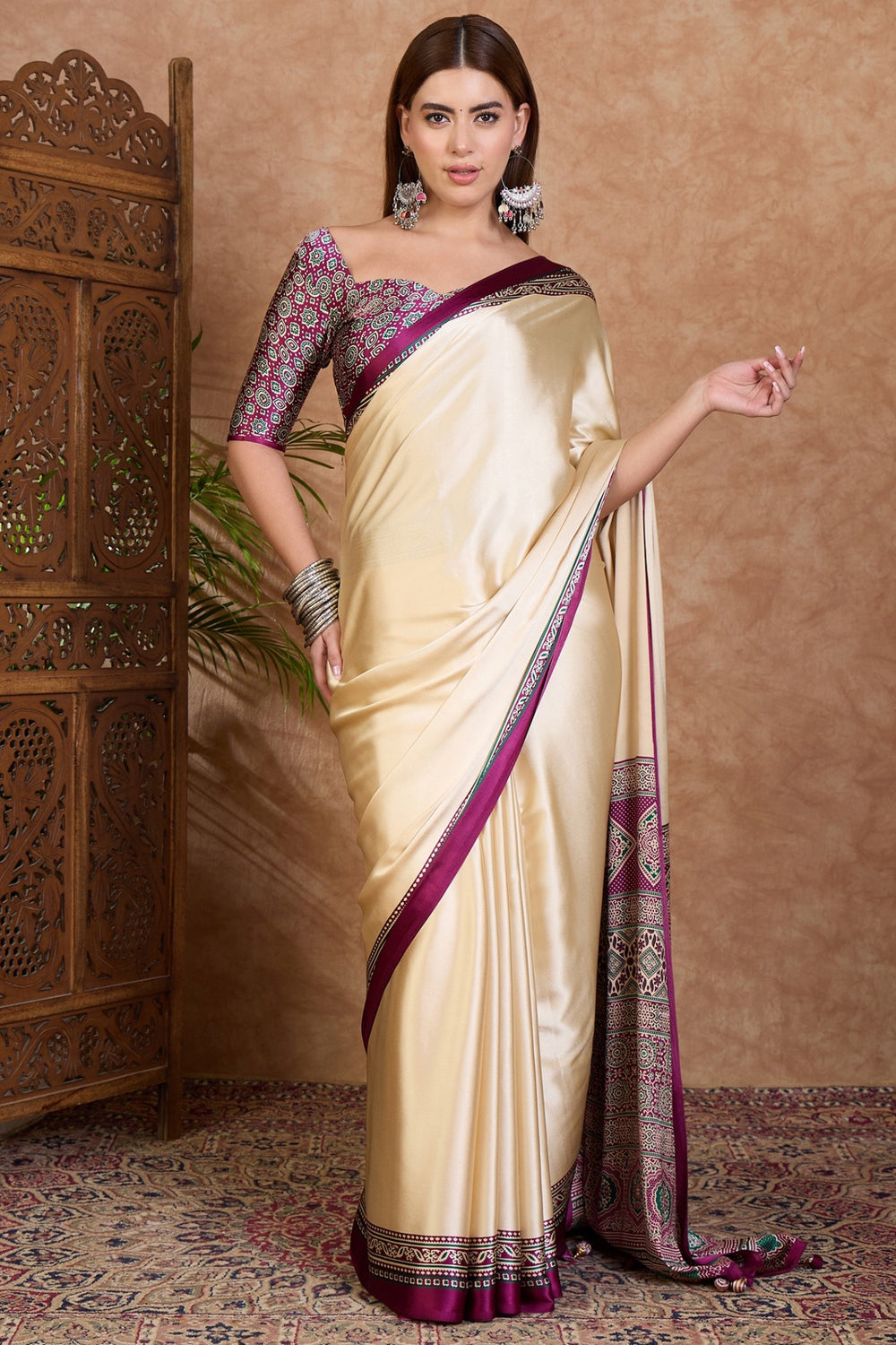Cream and Purple Pure Soft Modal Satin Ajrakh Print Satin Saree