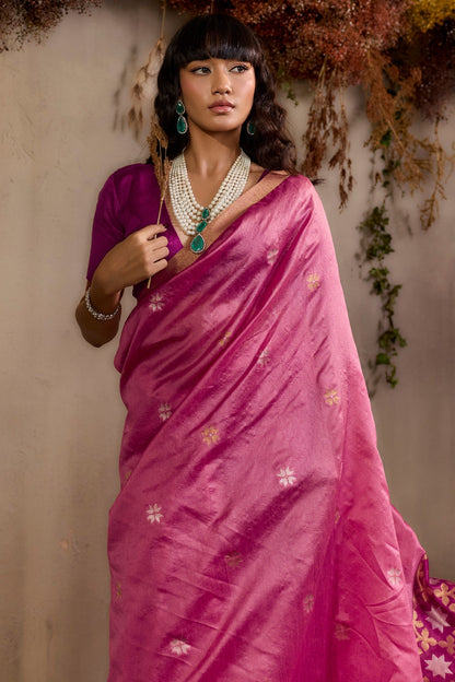 Pink Pure Tussar Handloom Silk Saree 