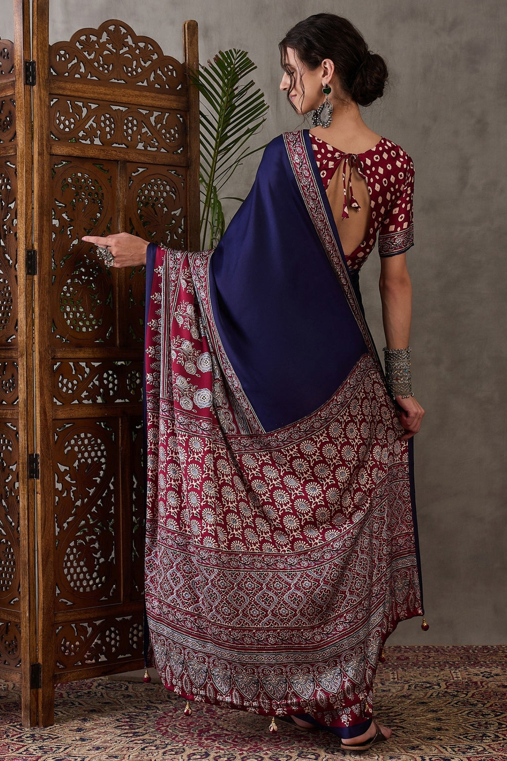 Navy Blue Pure Soft Modal Satin Ajrakh Print Satin Saree Japan Satin Saree Anant Tex Exports Pvt.Ltd..