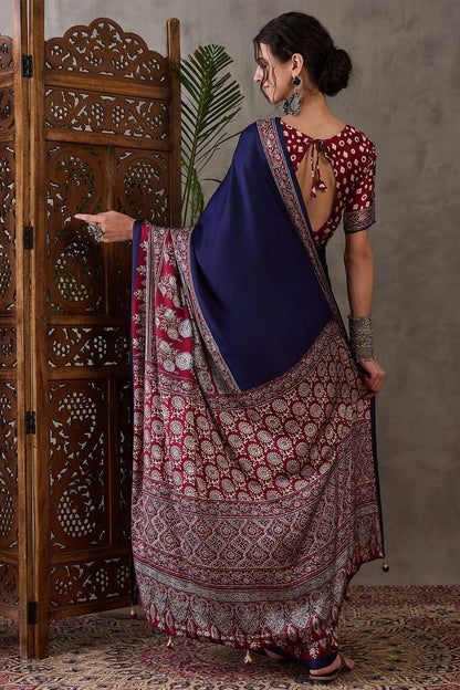 Navy Blue Pure Soft Modal Satin Ajrakh Print Satin Saree Japan Satin Saree Anant Tex Exports Pvt.Ltd..