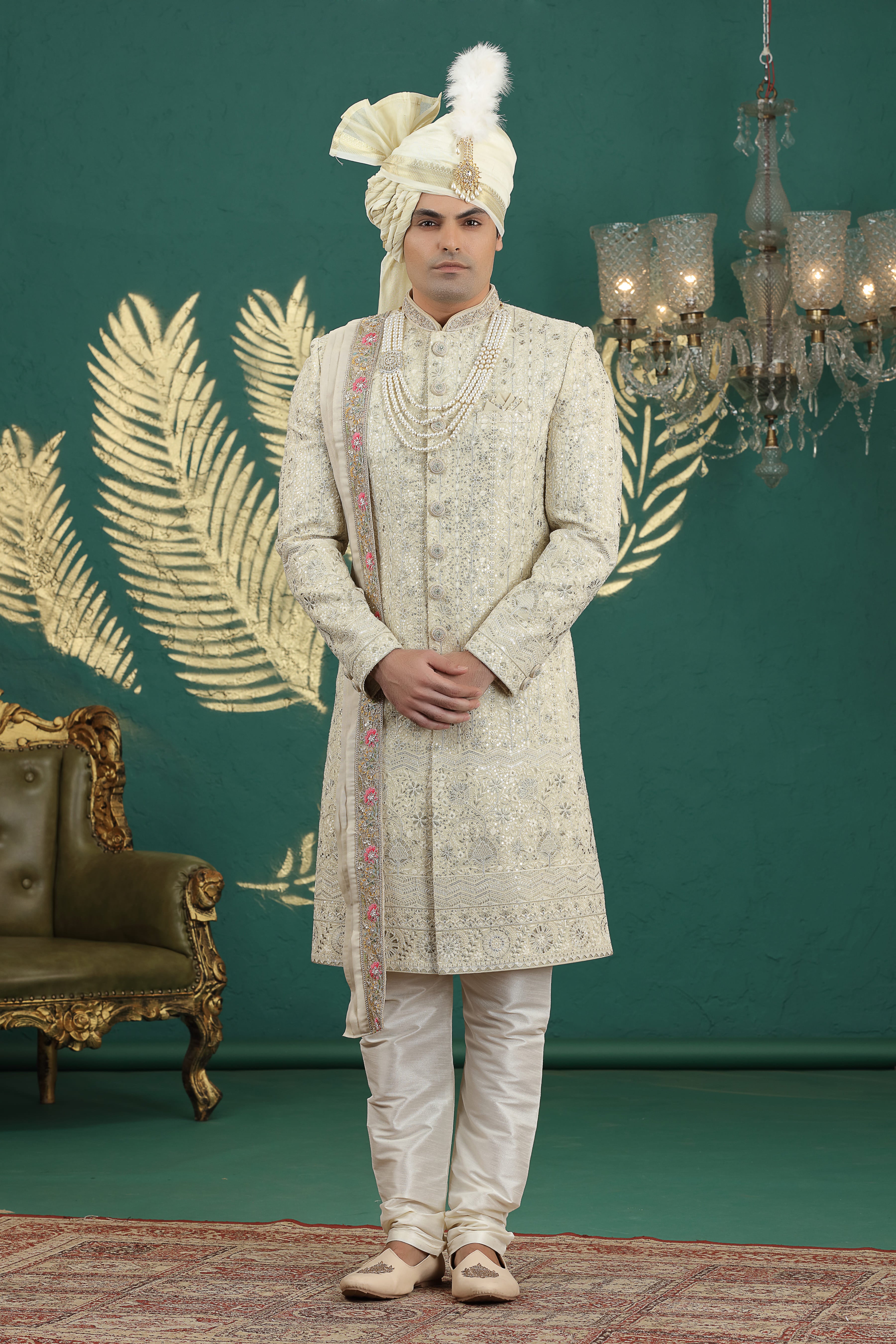 Groom ivory sherwani with computer thread work