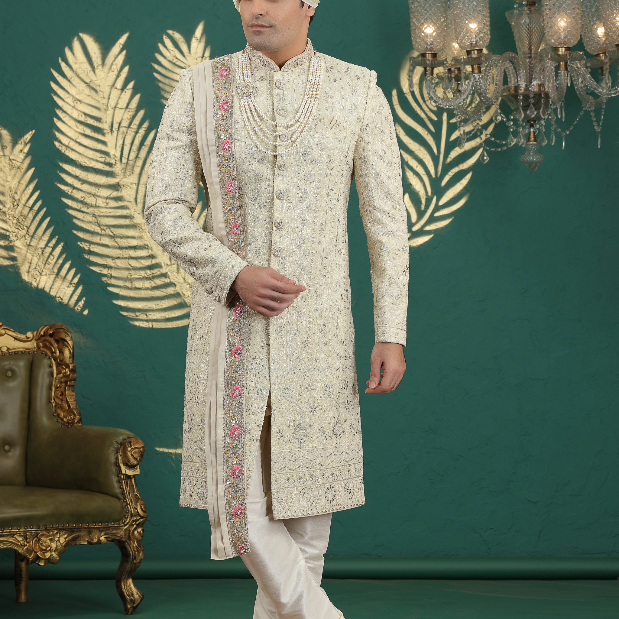 Ivory embroidered wedding sherwani for groom