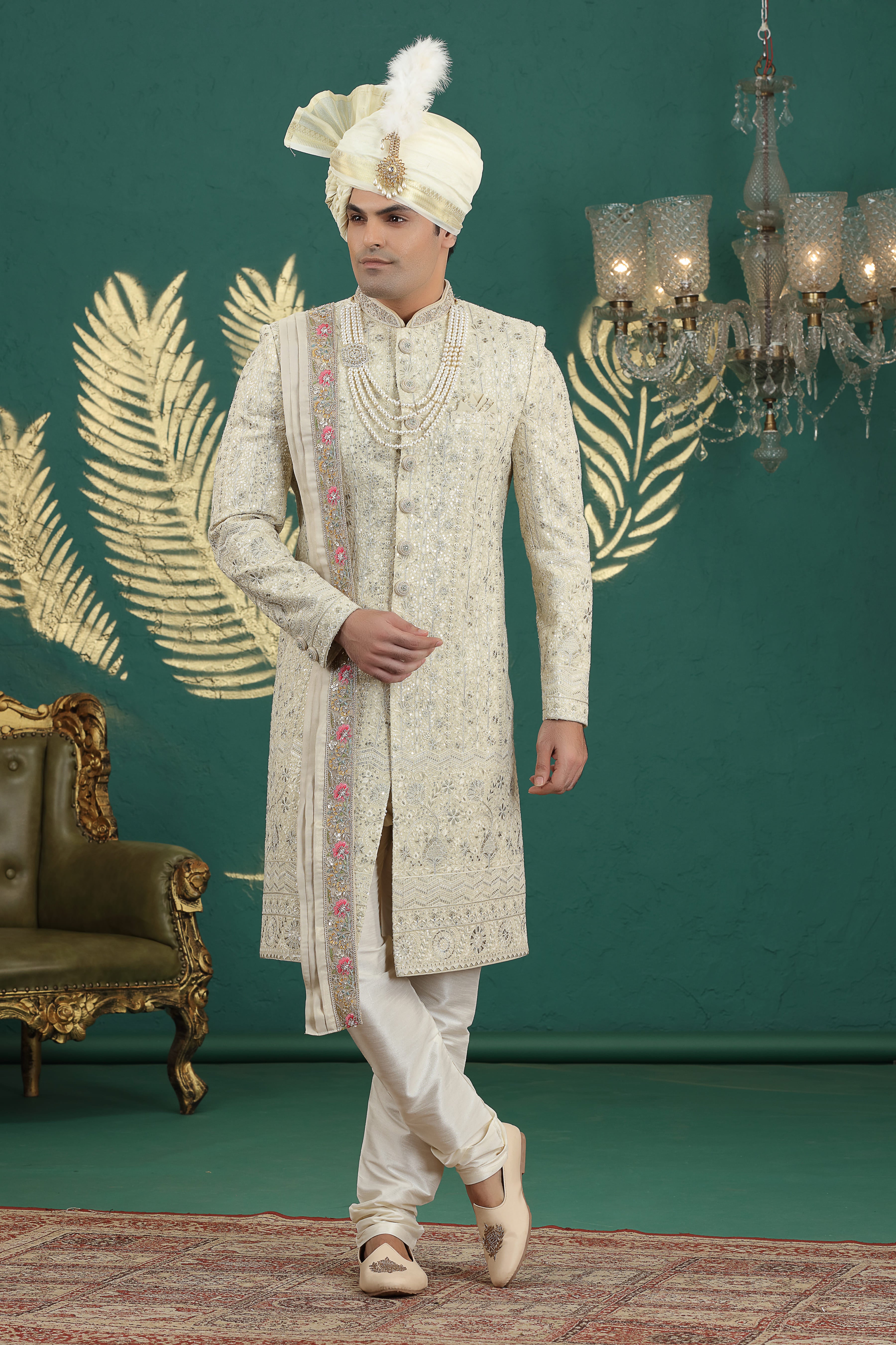 Ivory embroidered wedding sherwani for groom