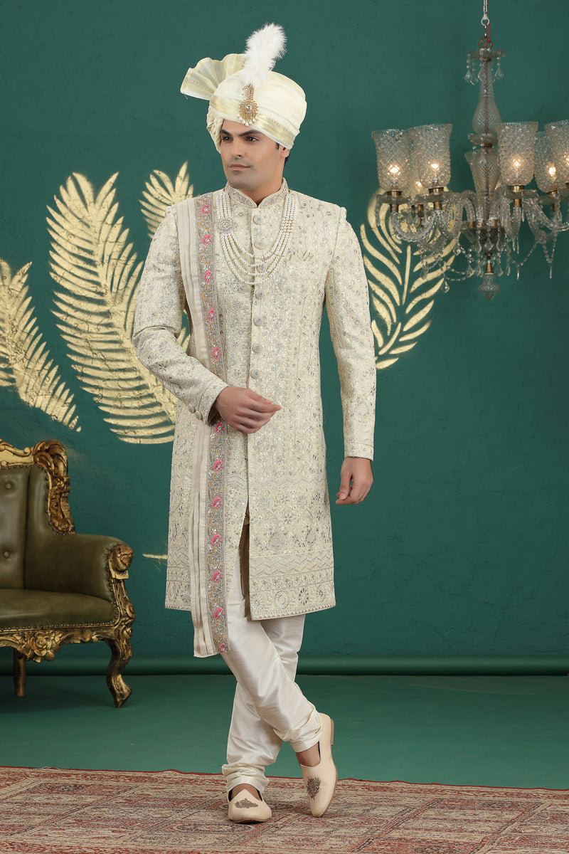 Ivory embroidered wedding sherwani for groom