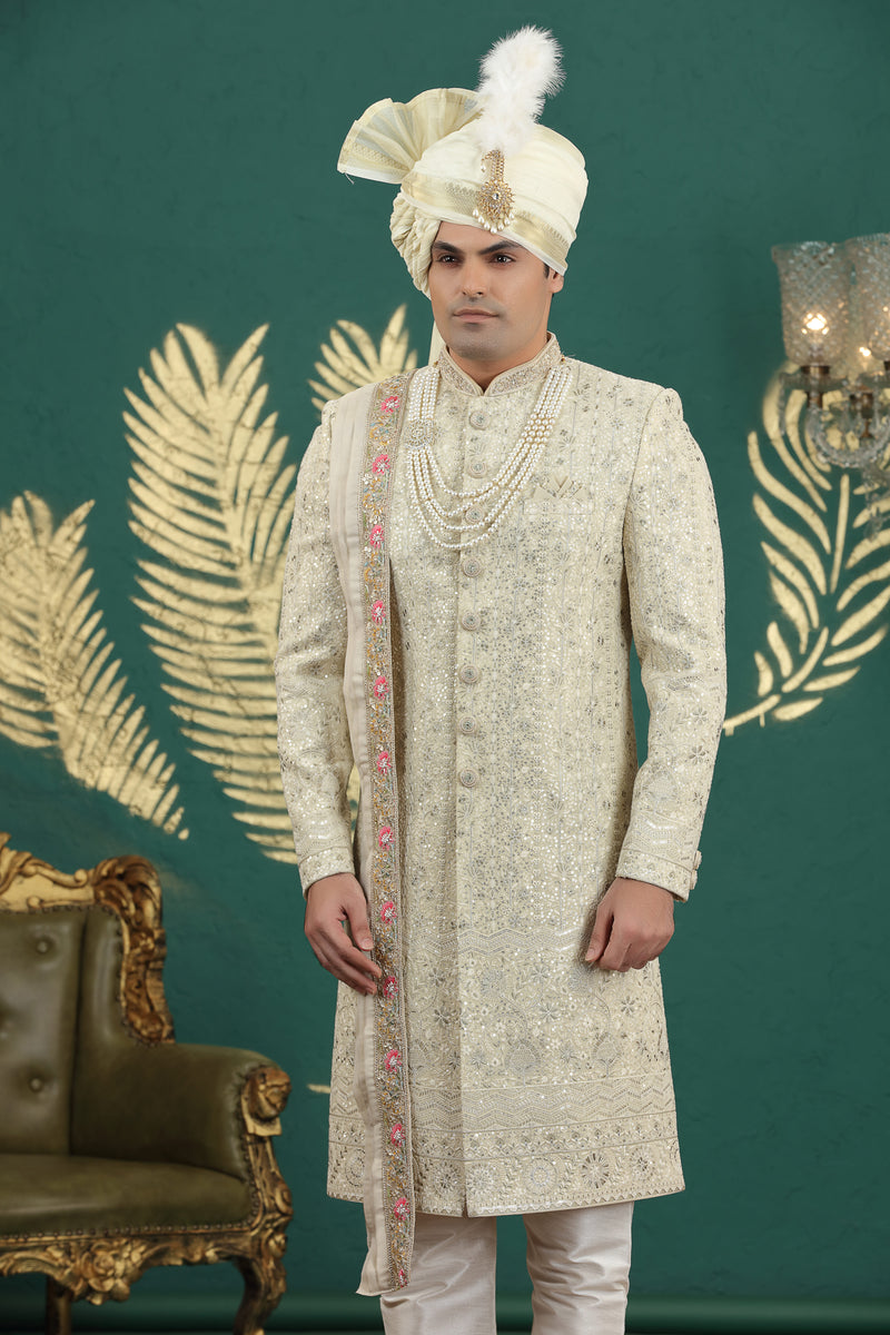 Designer art silk sherwani set with churidar and stole