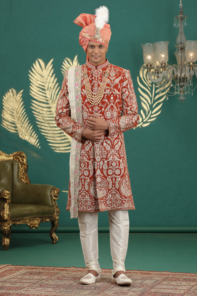 Red embroidered wedding sherwani for groom