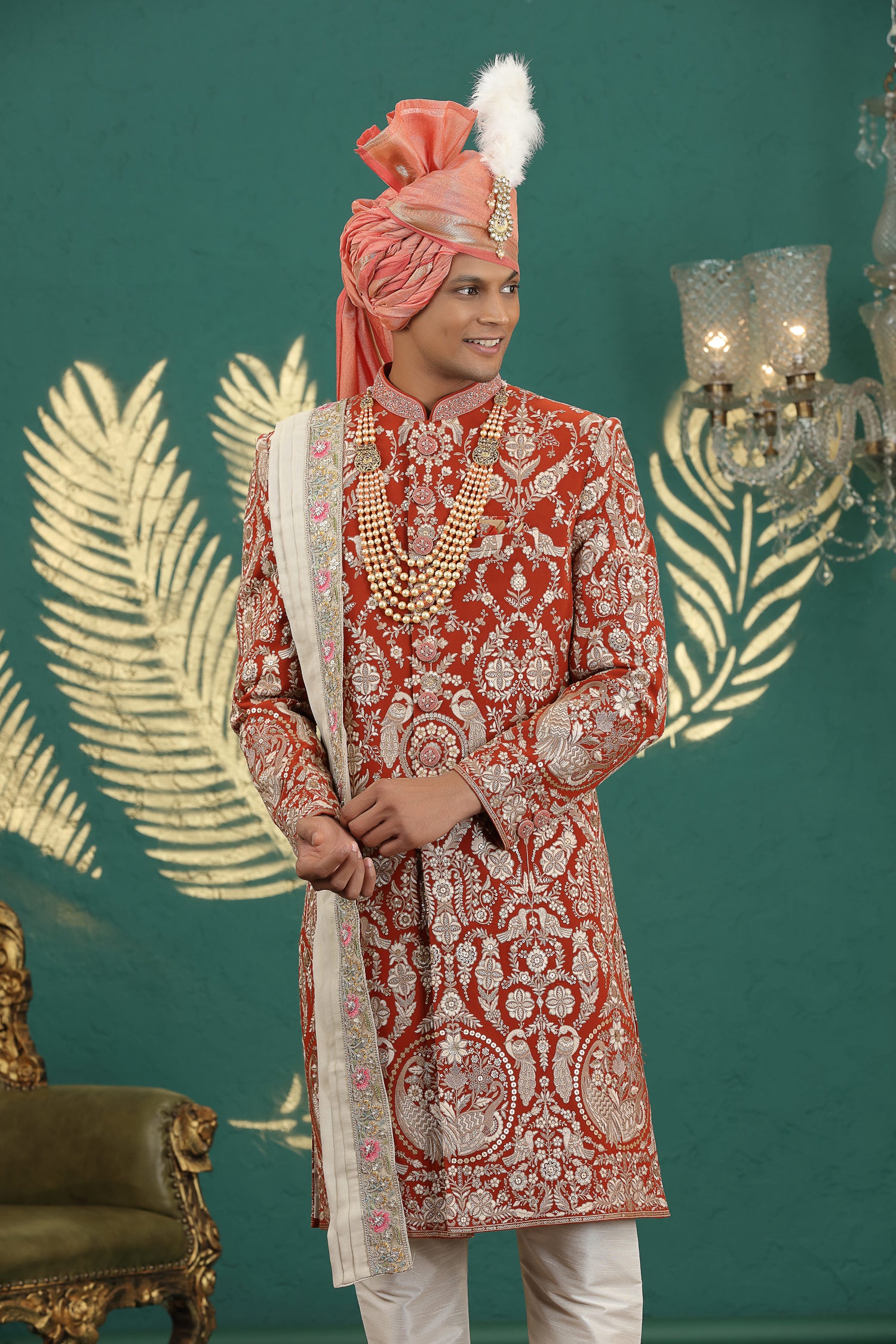 Designer red art silk sherwani set with churidar and stole