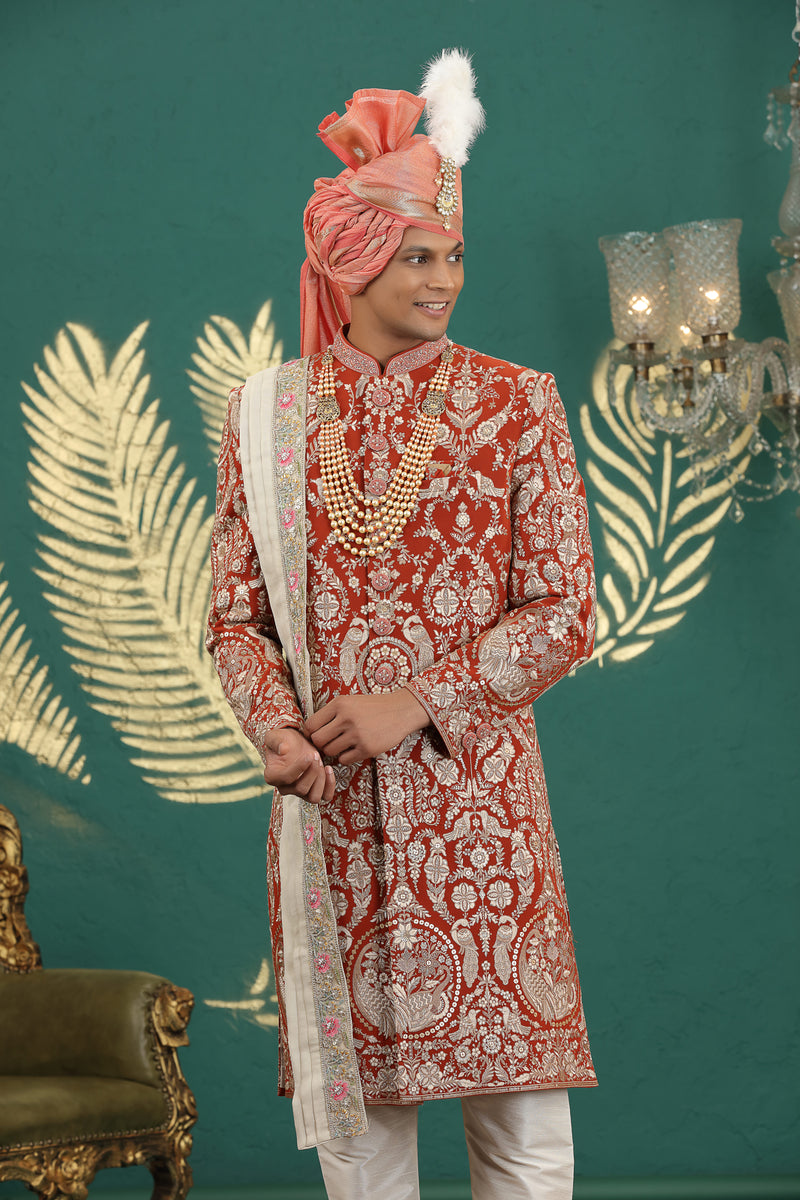 Designer red art silk sherwani set with churidar and stole