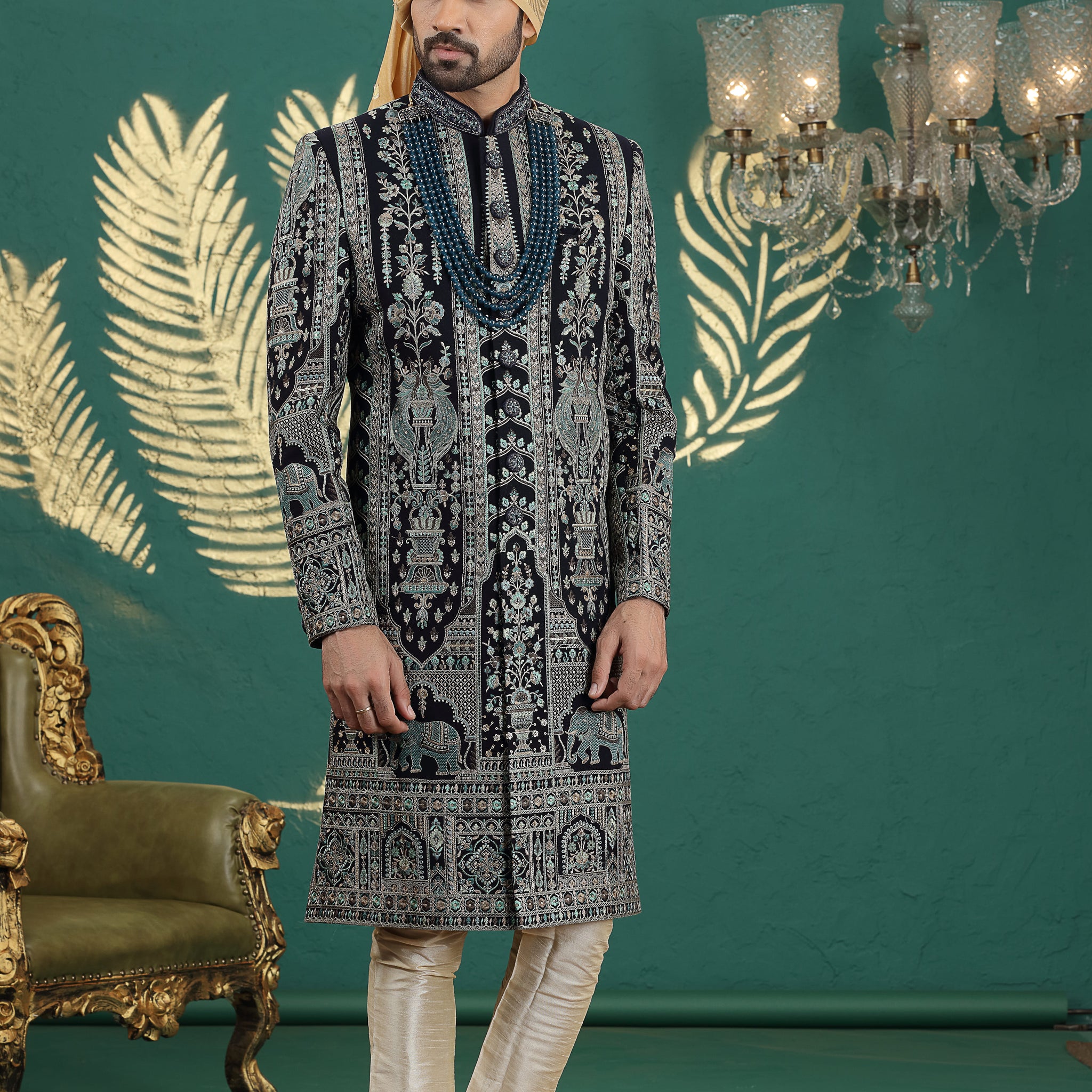 Navy blue art silk sherwani for groom