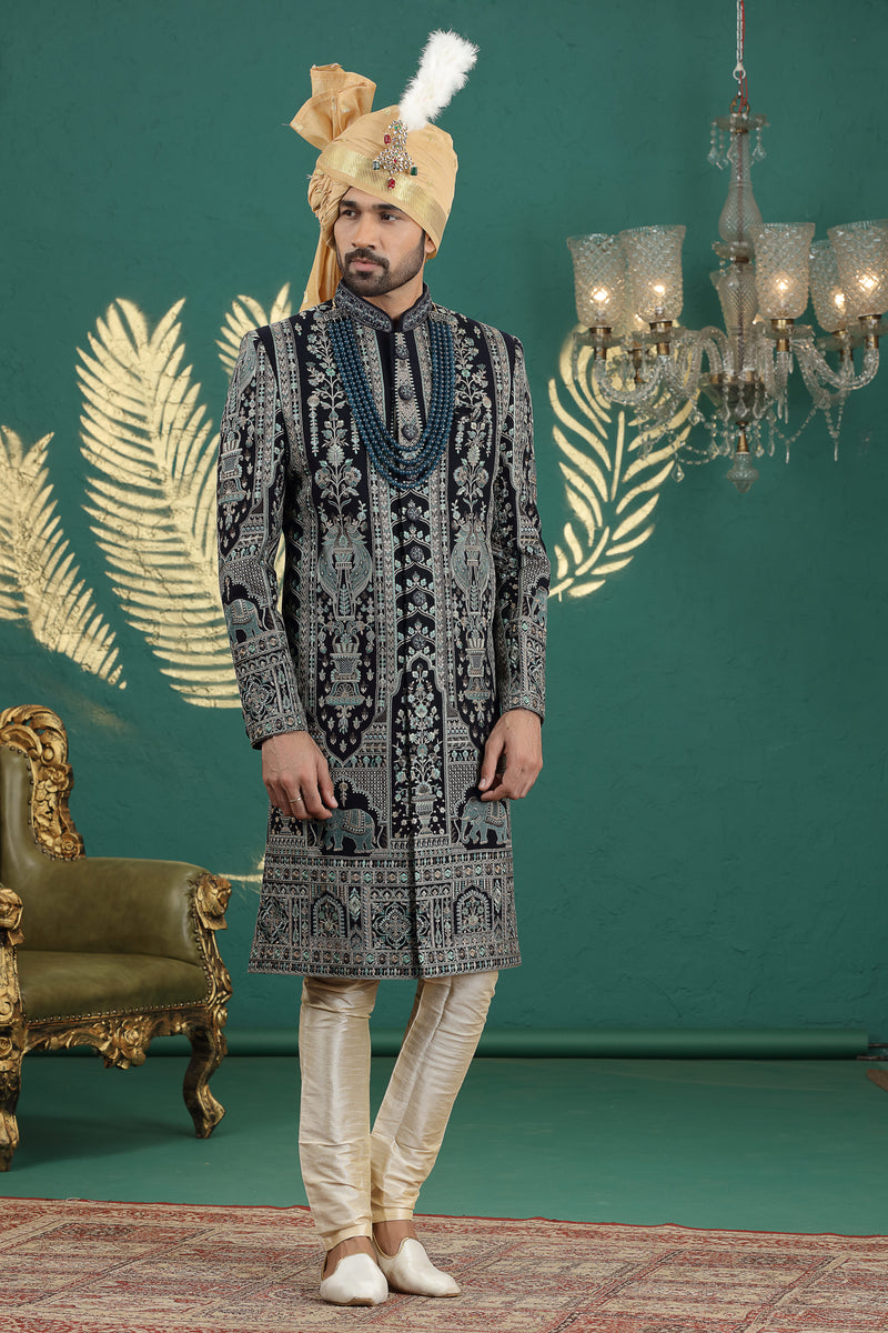 Navy blue art silk sherwani for groom