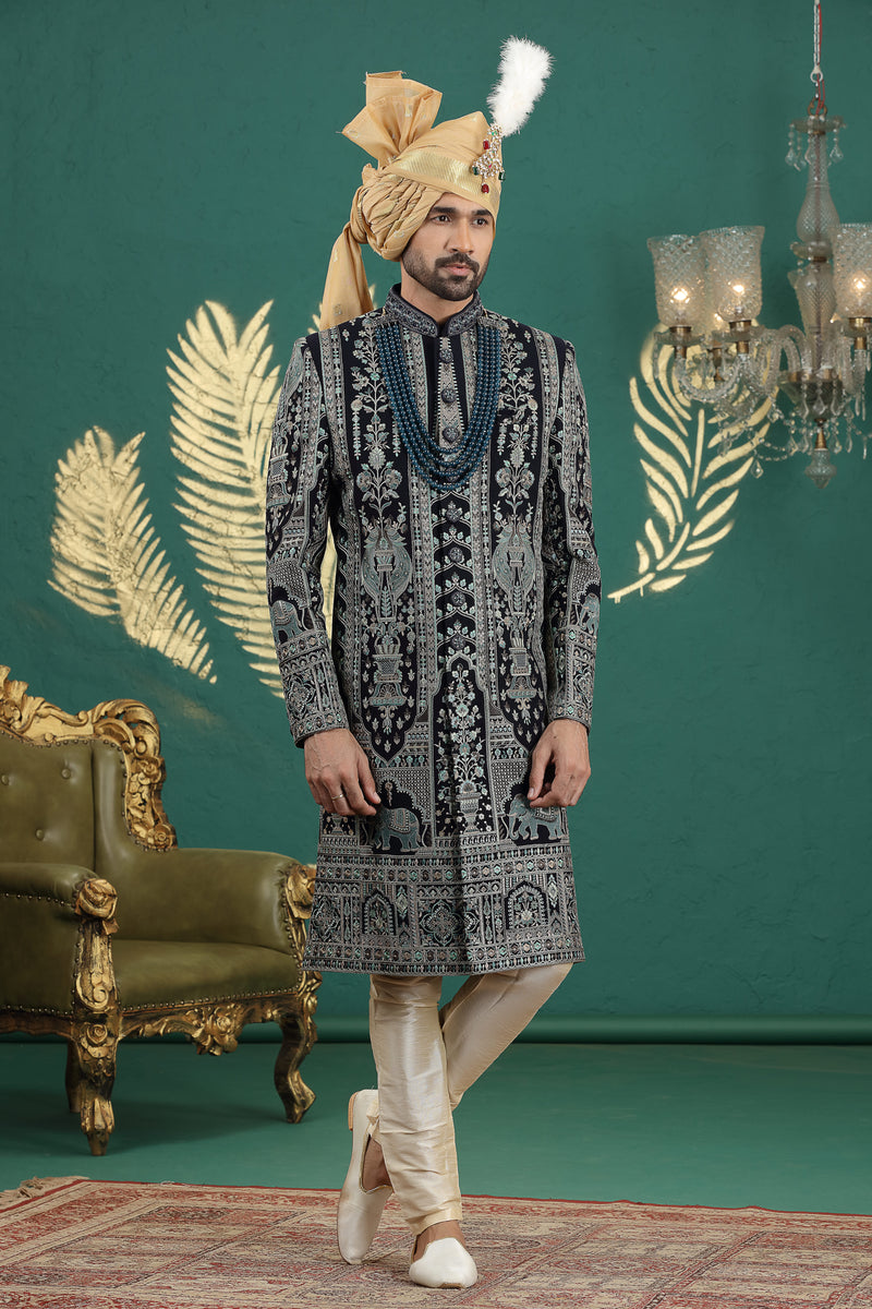 Designer sherwani for wedding in navy blue color