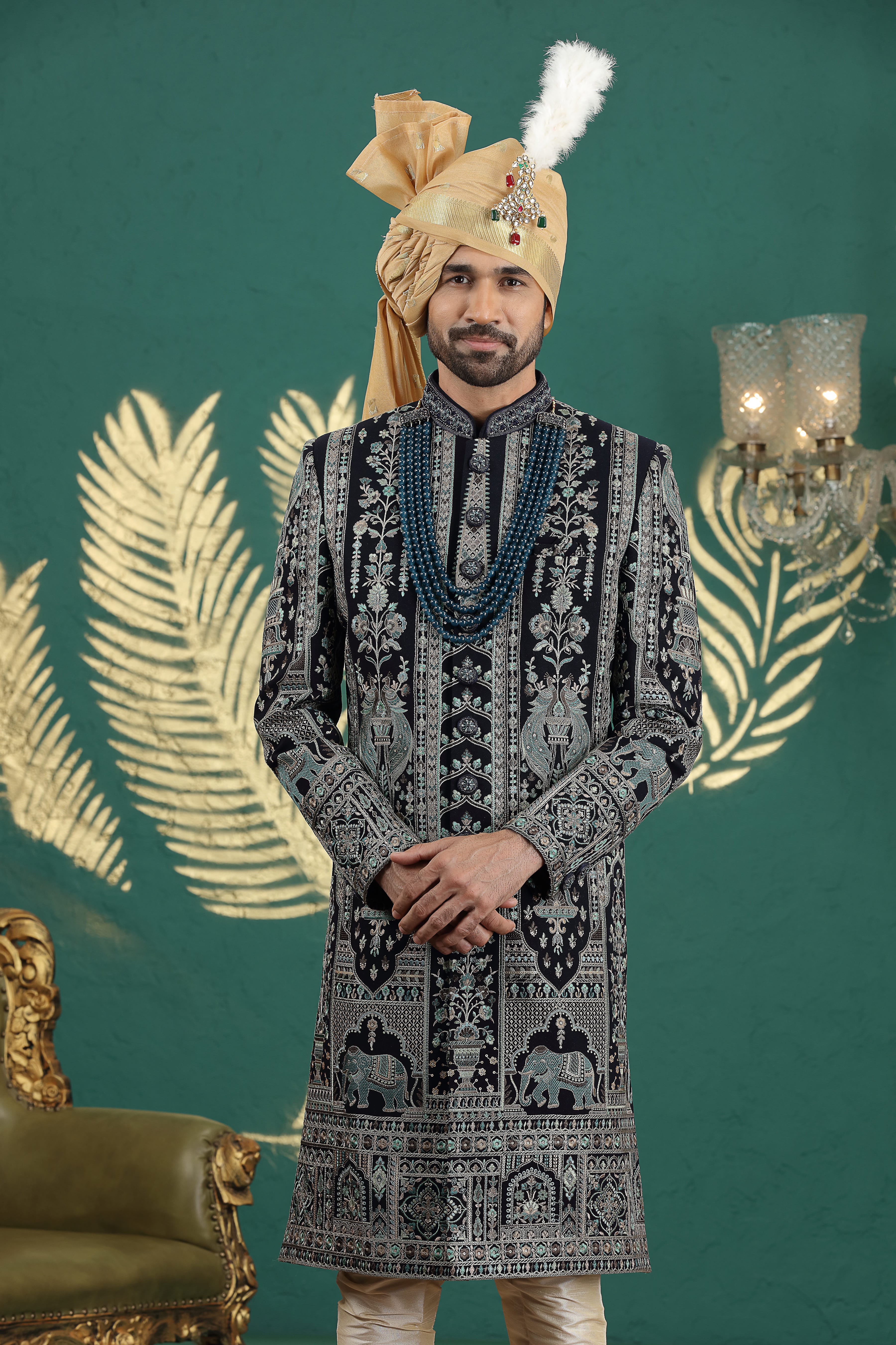 Embroidered navy sherwani with dupion churidar
