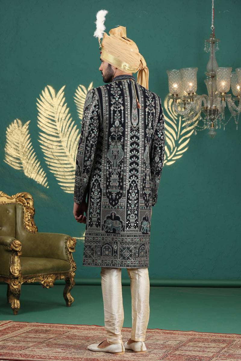 Traditional art silk sherwani with computer thread work