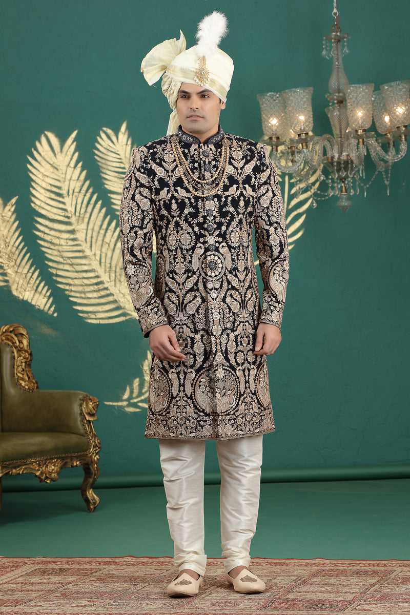 Royal black sherwani with golden thread work