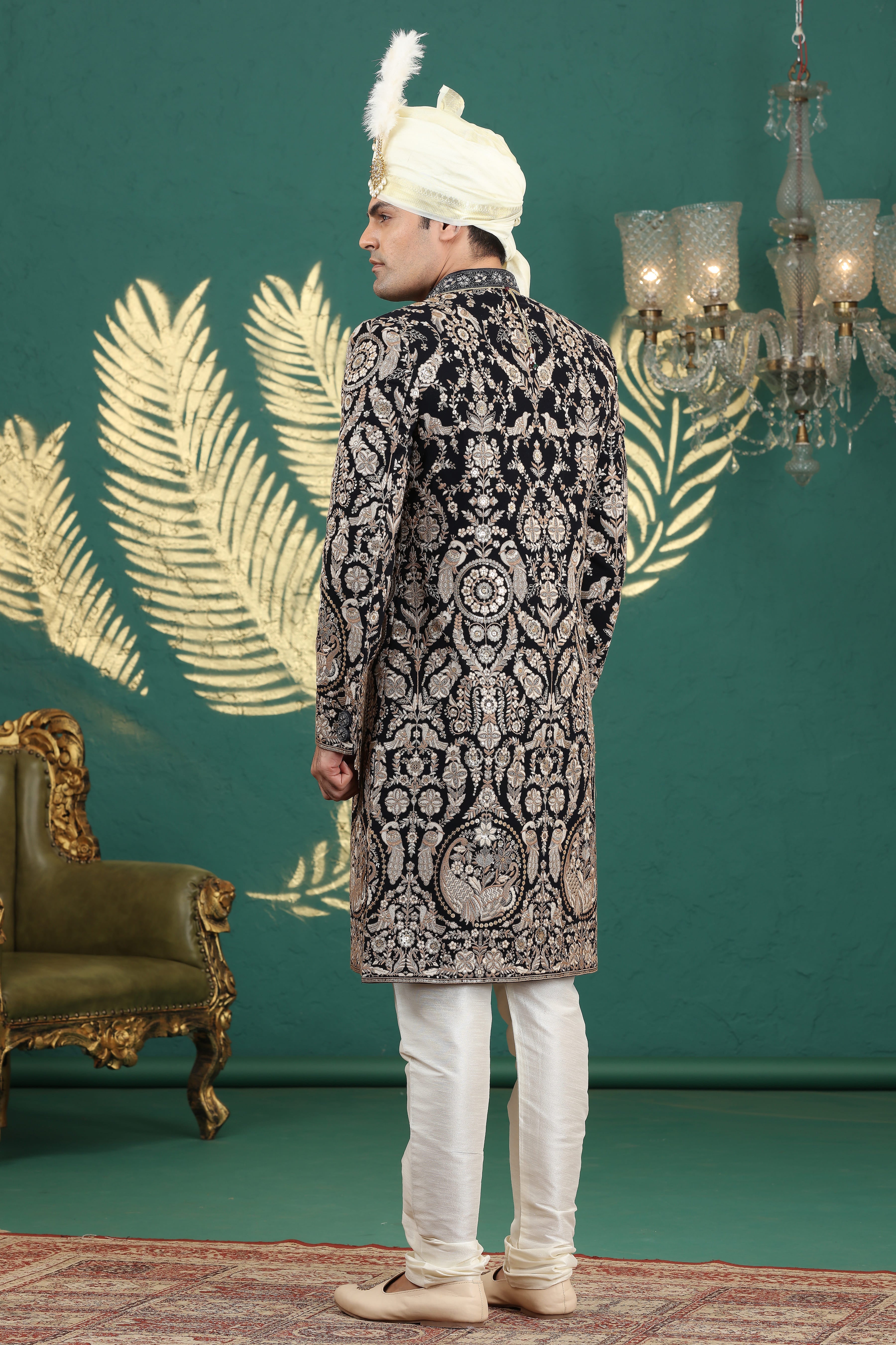Traditional embroidered sherwani with dupion churidar