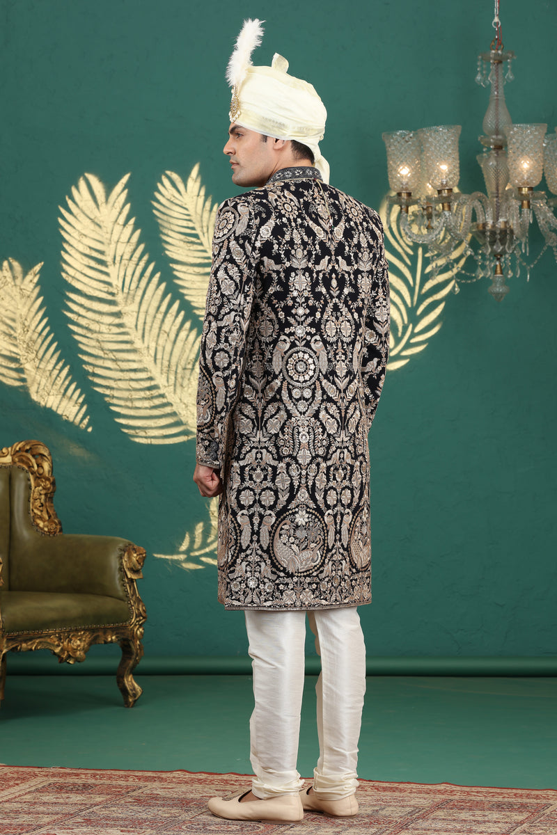 Traditional embroidered sherwani with dupion churidar