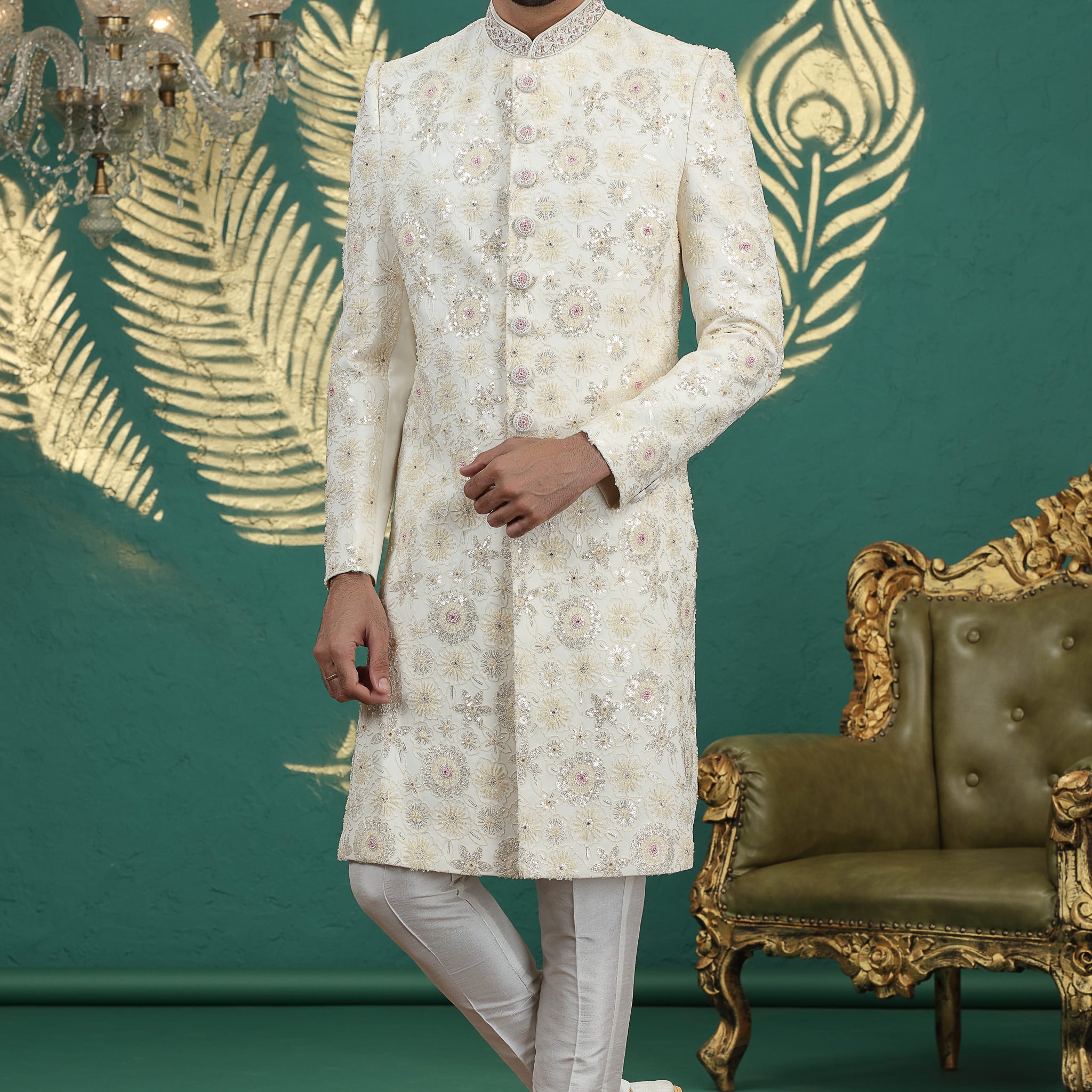 Cream art silk sherwani with hand embroidery for groom