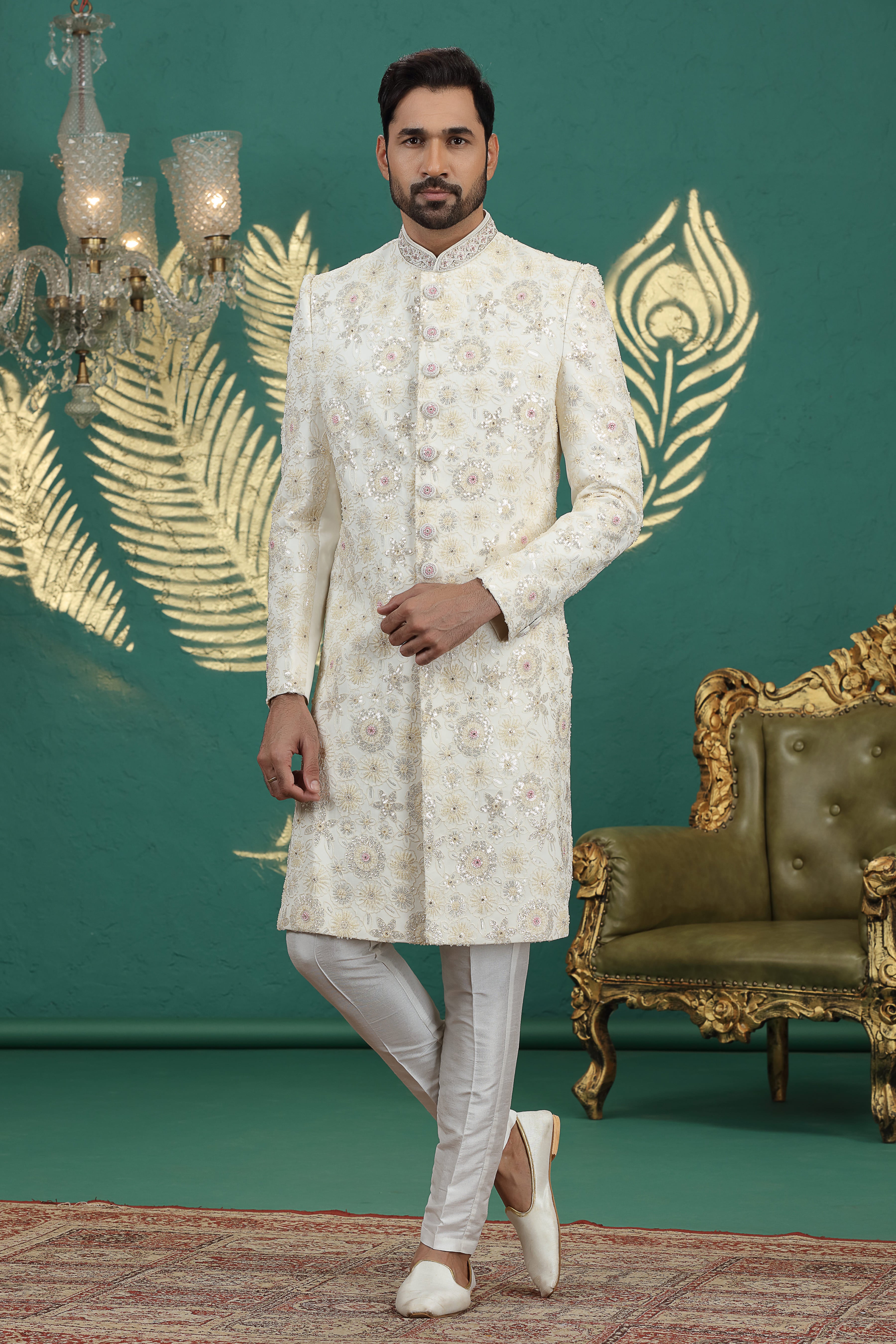 Cream art silk sherwani with hand embroidery for groom