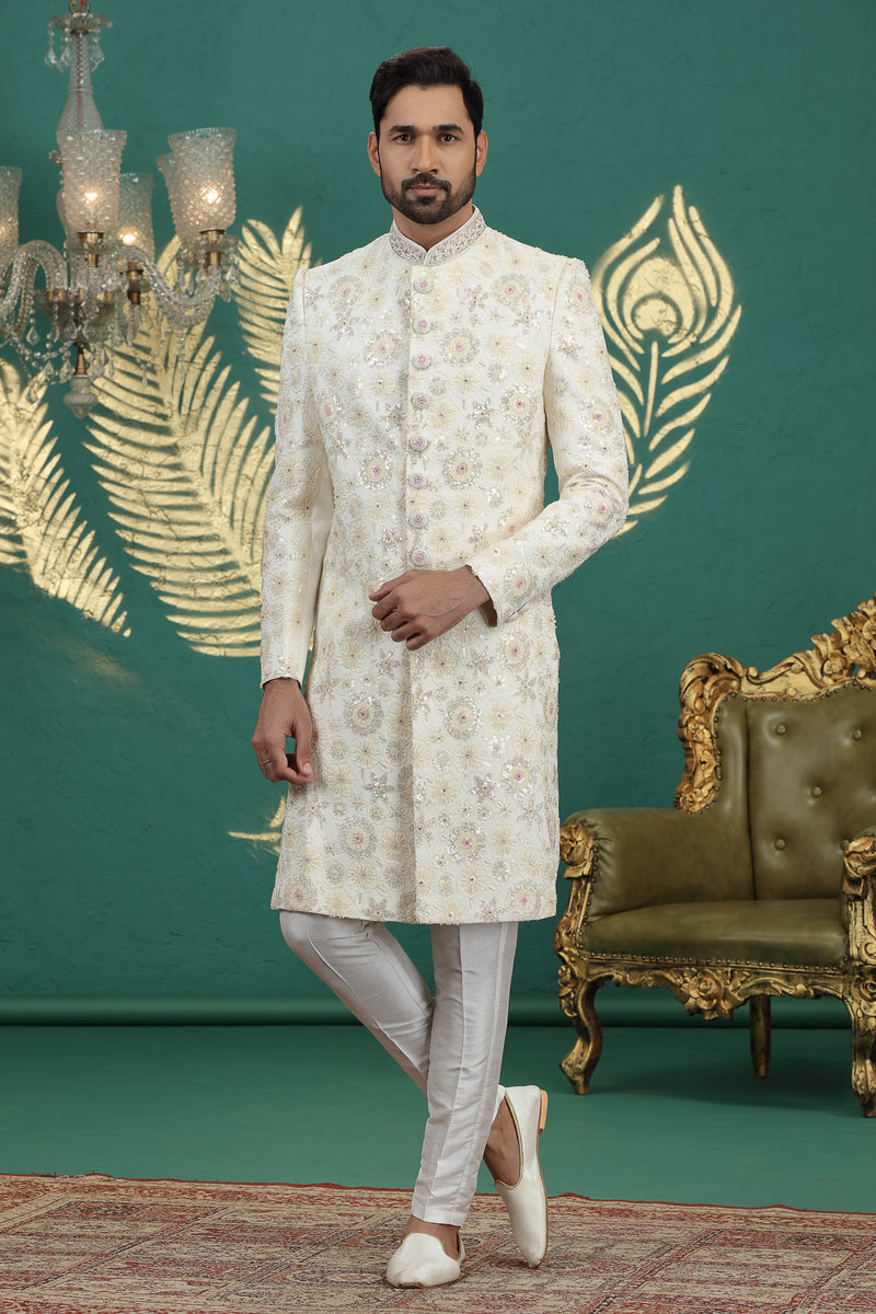Cream art silk sherwani with hand embroidery for groom