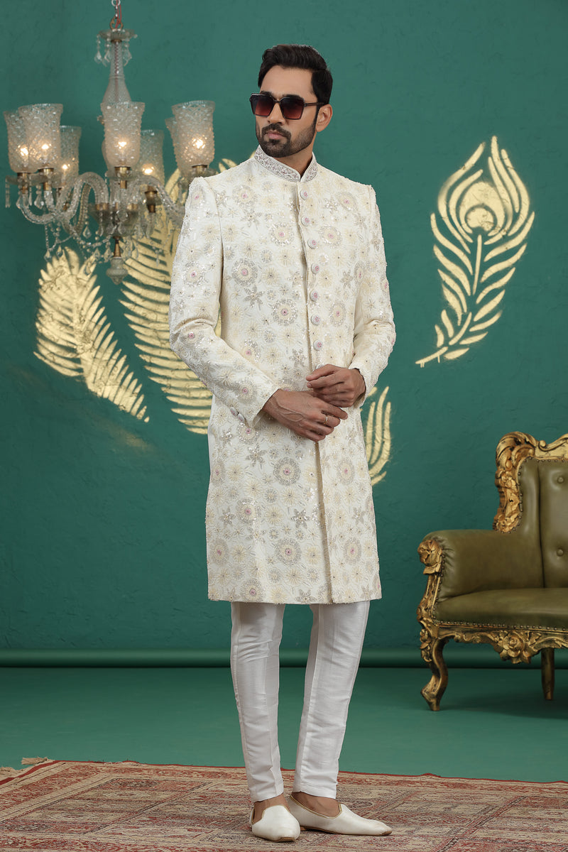 Traditional cream sherwani for wedding and reception