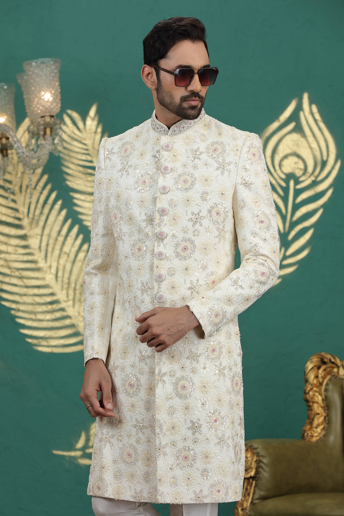 Cream art silk sherwani with hand embroidery for groom