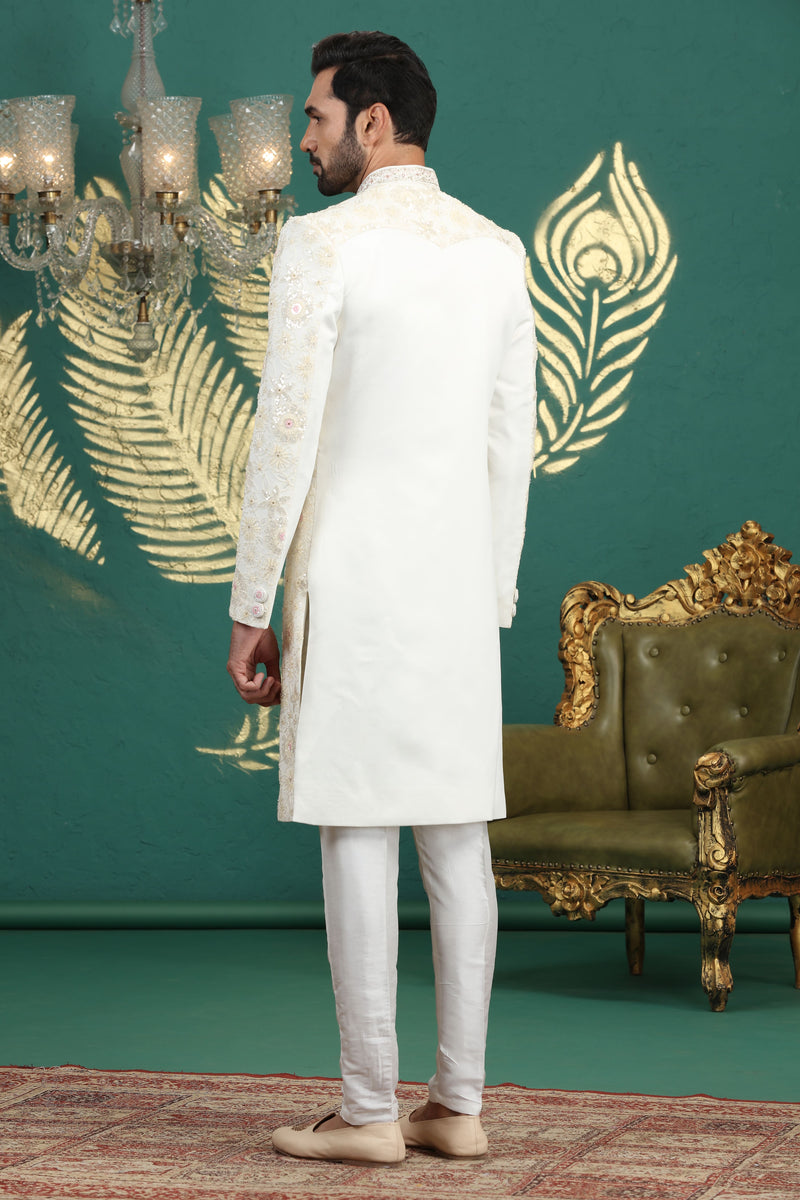 Luxury cream embroidered sherwani for festive occasions
