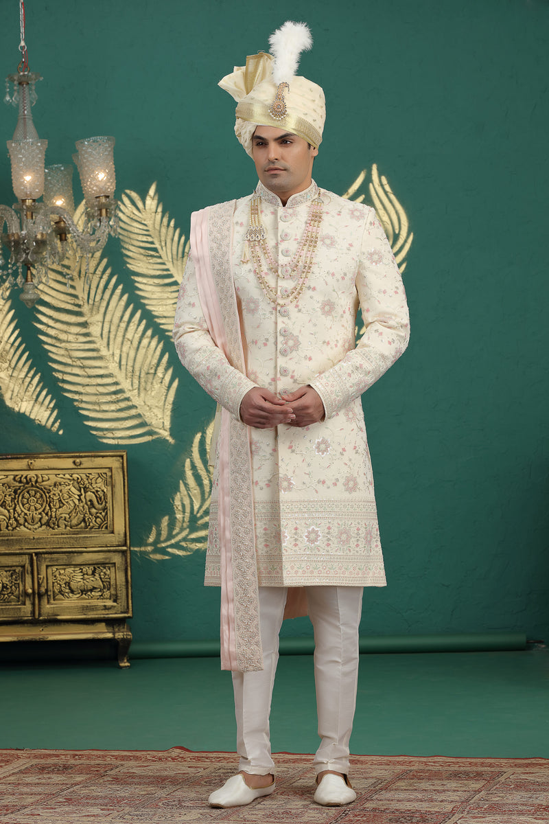 Royal gold wedding sherwani with Dupion Aligadhi pant