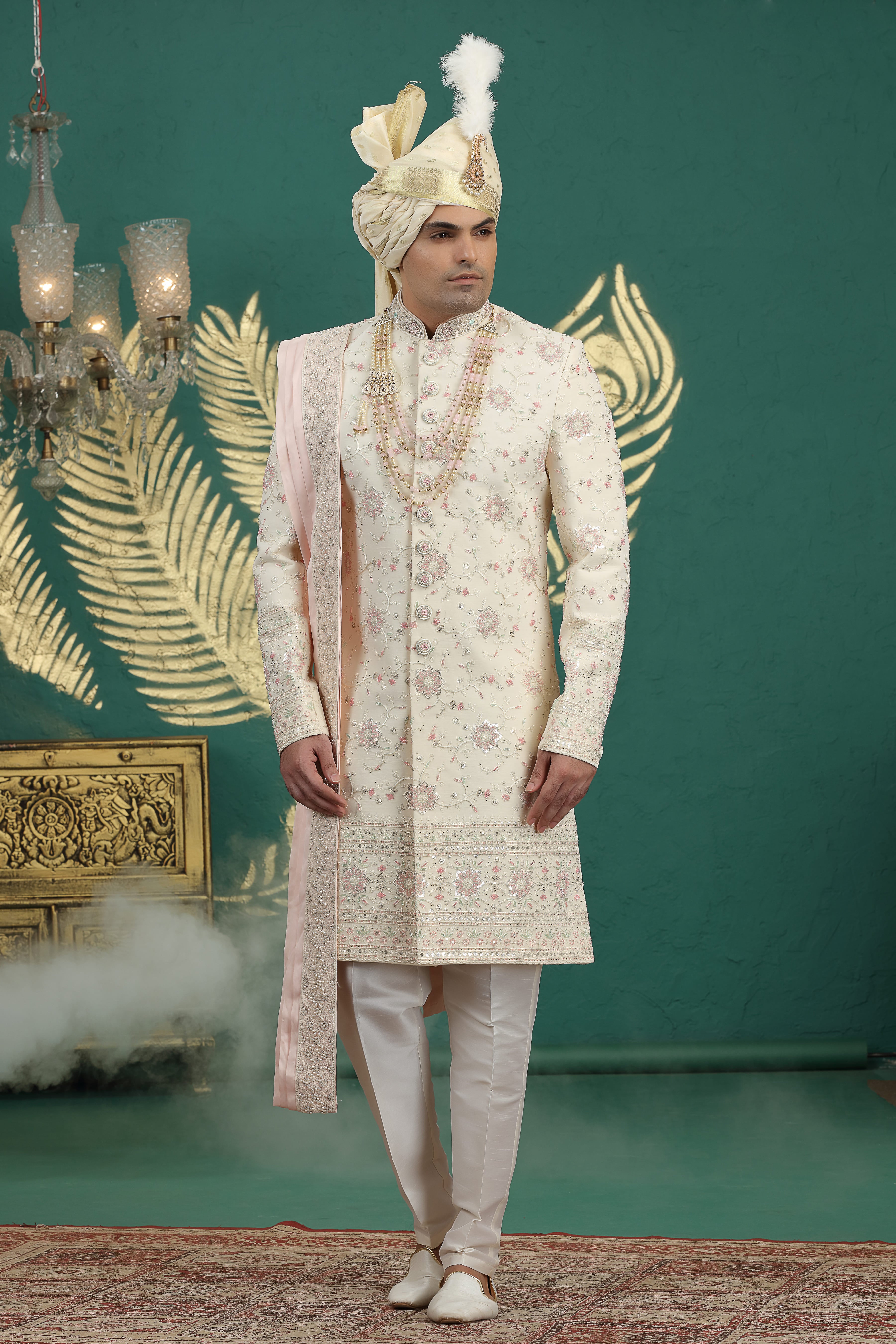 Designer gold sherwani set for groom wedding look