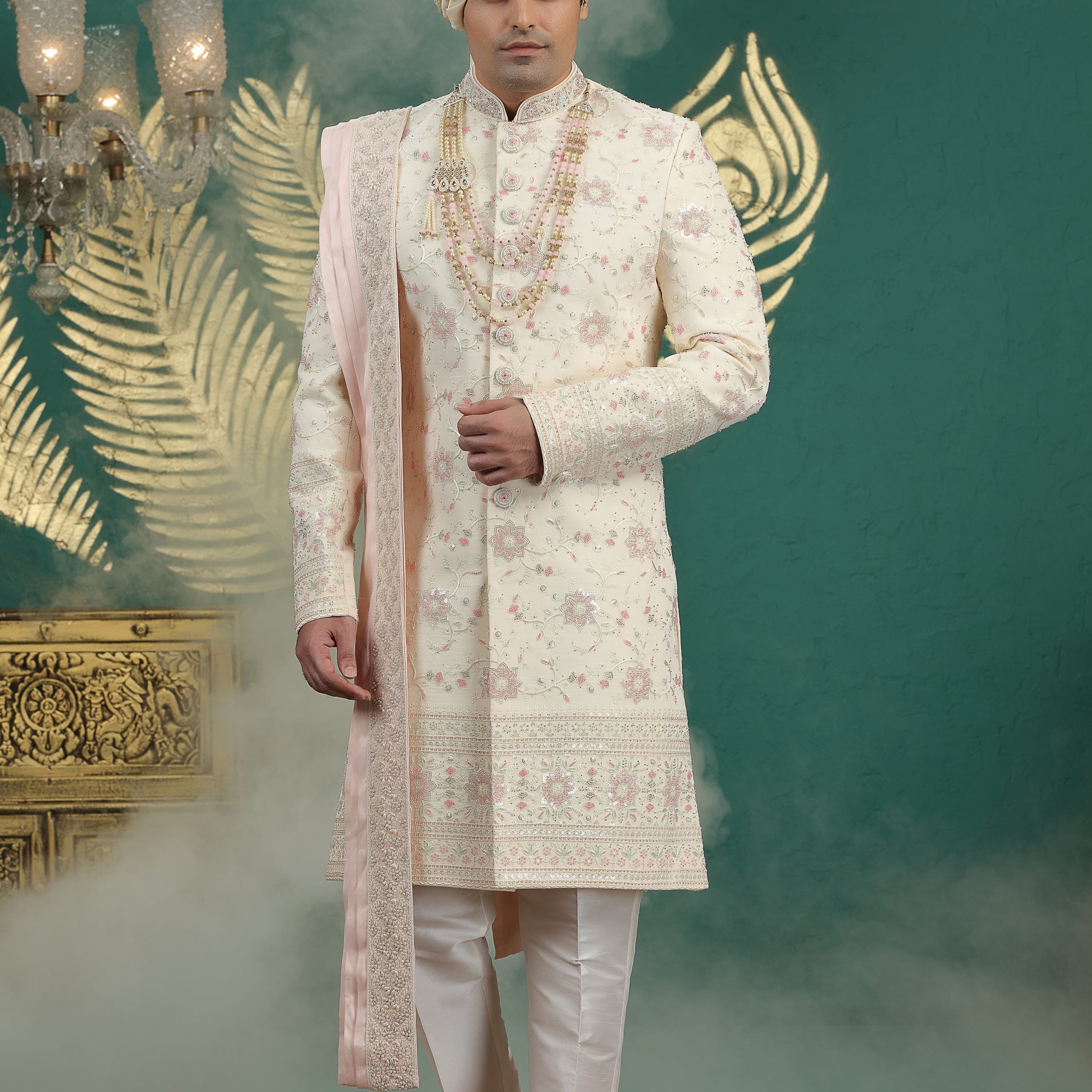 Gold art silk hand embroidered sherwani for groom