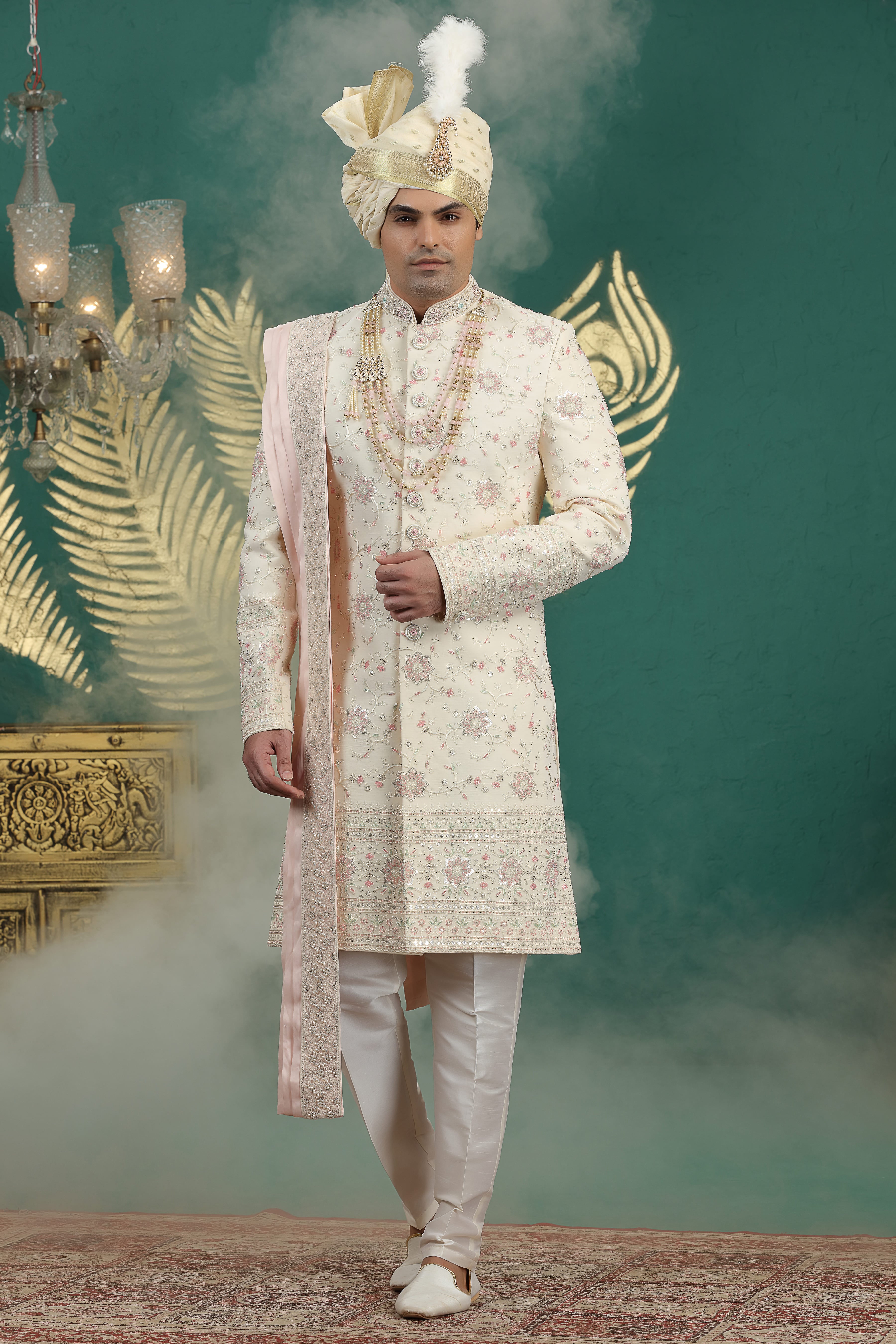 Gold art silk hand embroidered sherwani for groom