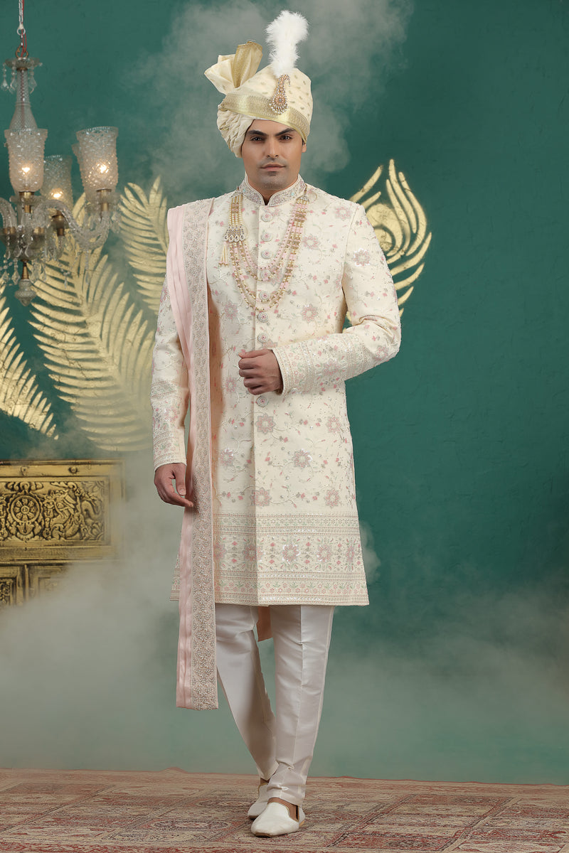 Gold art silk hand embroidered sherwani for groom