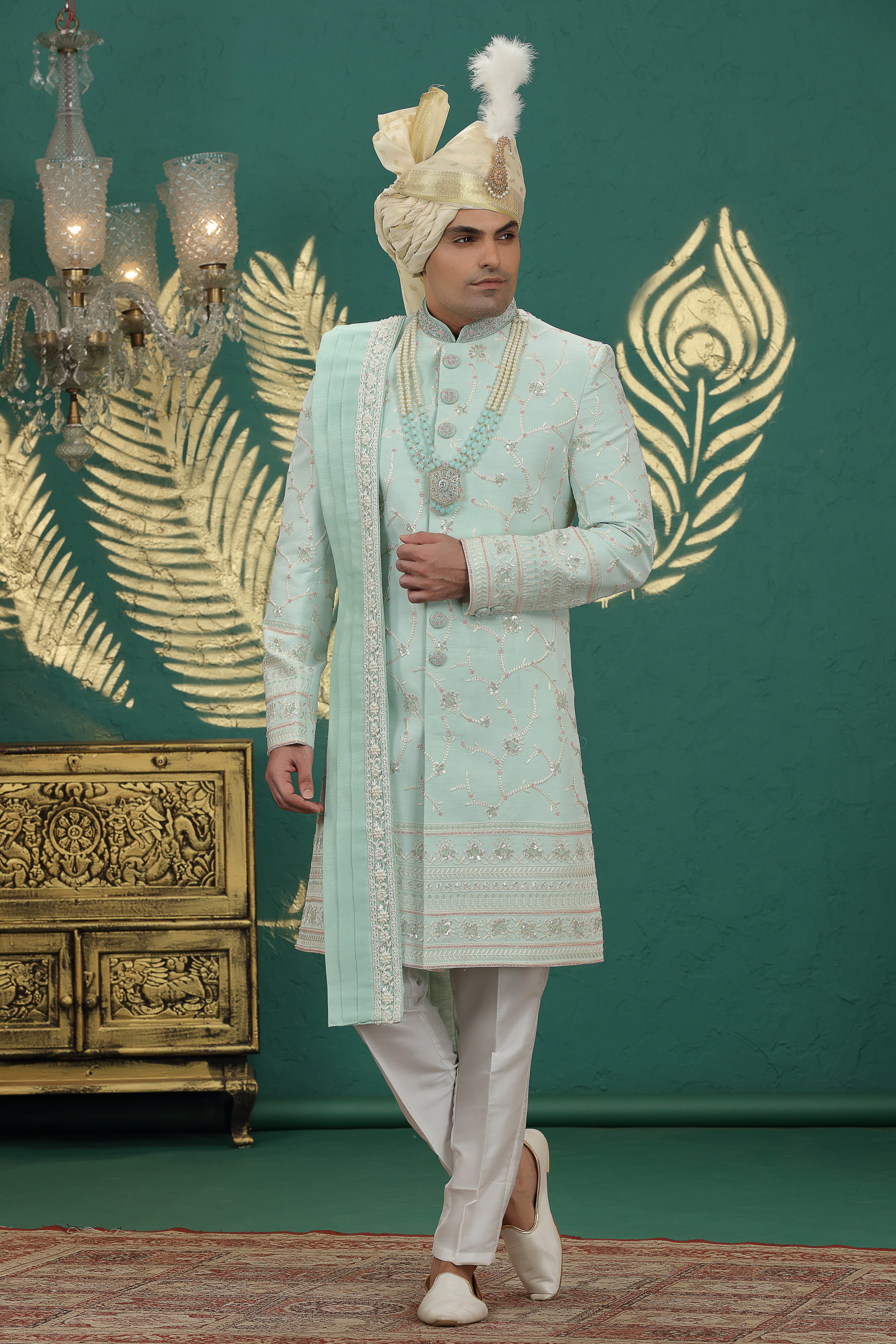 Designer pastel green sherwani for men