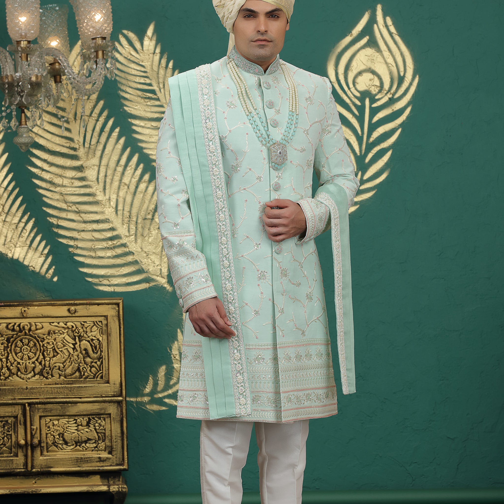 Pista green art silk sherwani for wedding groom