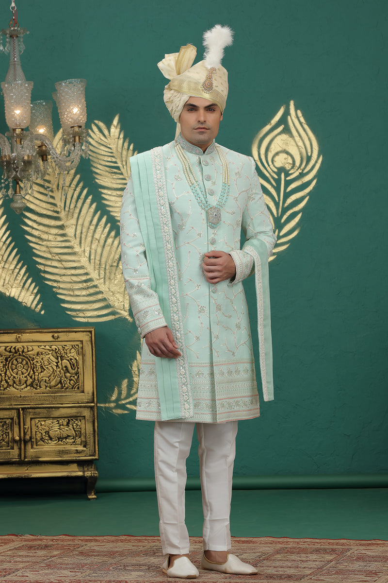 Pista green art silk sherwani for wedding groom