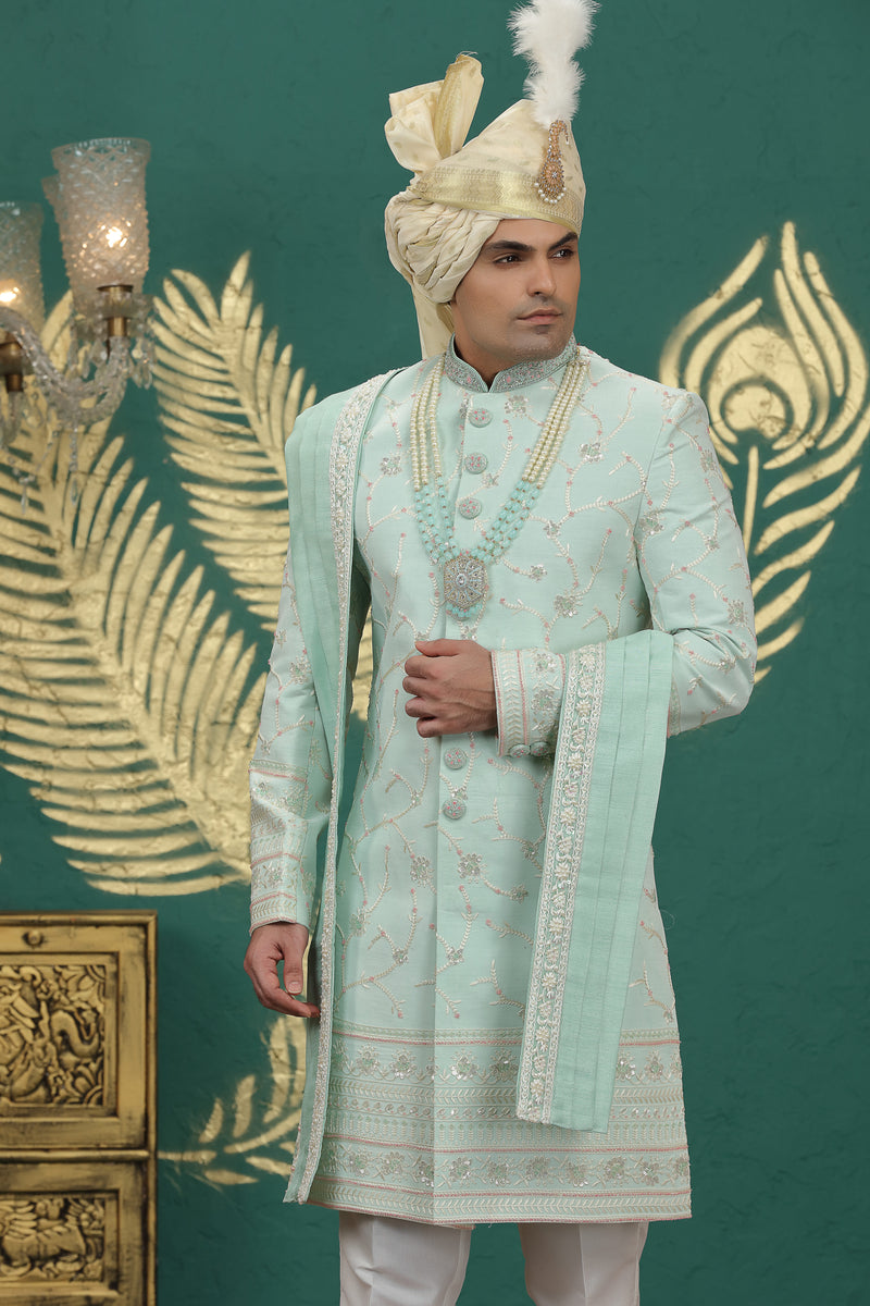 Hand embroidered pista green sherwani with Dupion pants