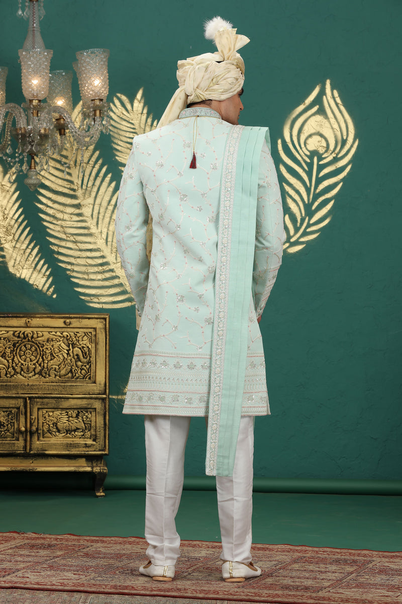 Traditional pista green embroidered sherwani set