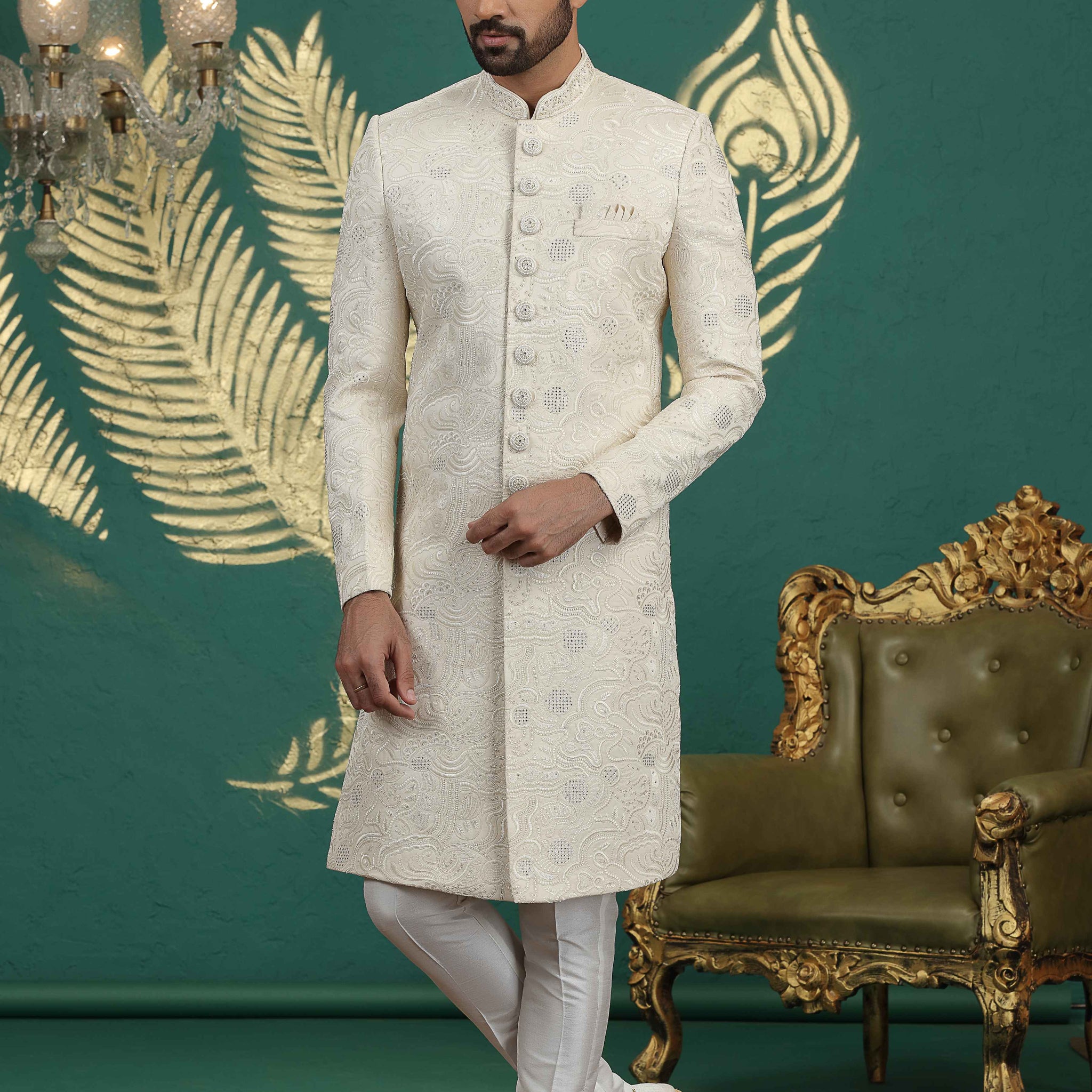 Cream hand embroidered sherwani for groom