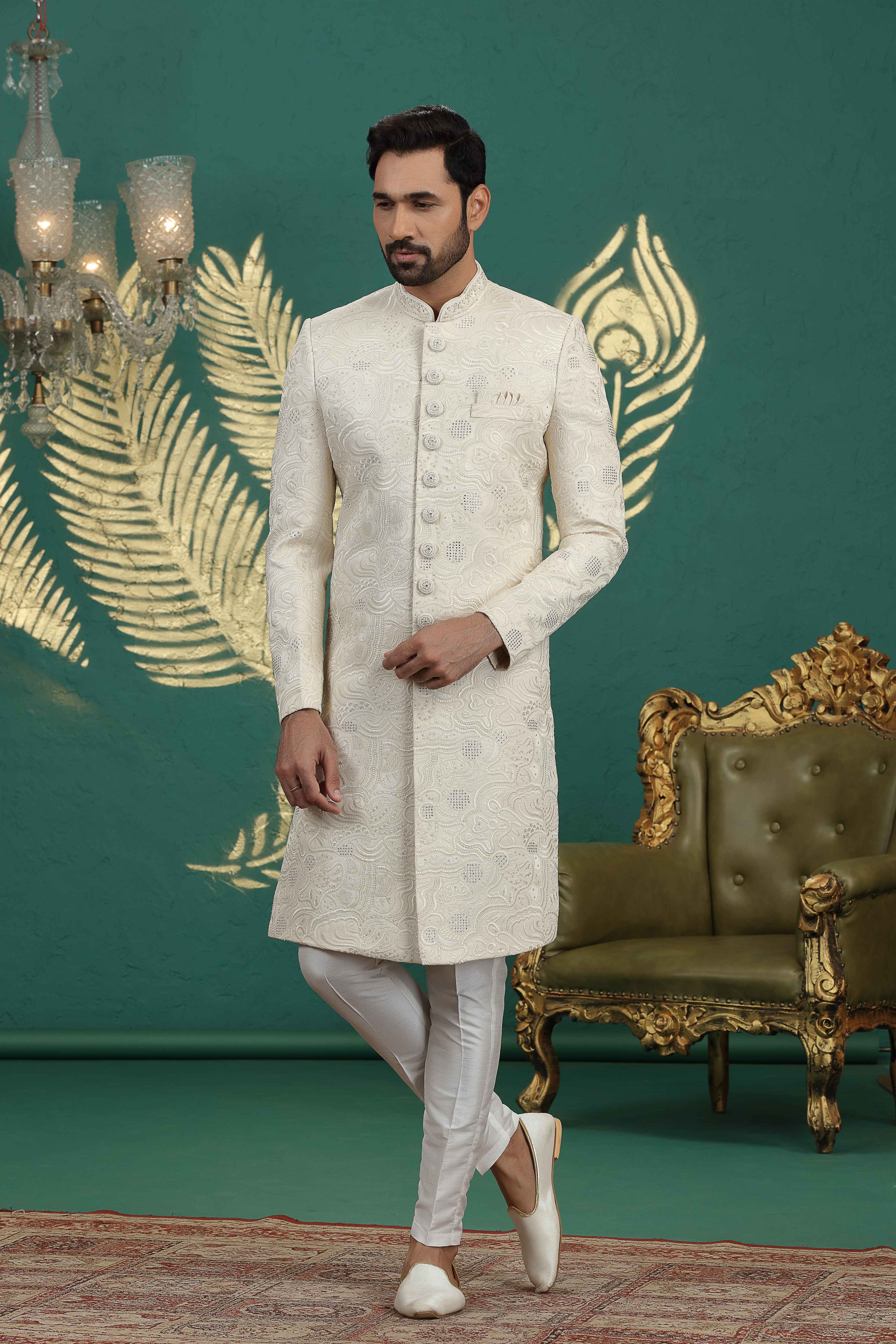 Cream hand embroidered sherwani for groom