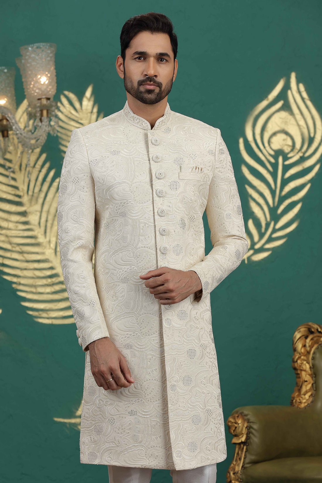 Cream hand embroidered sherwani for groom