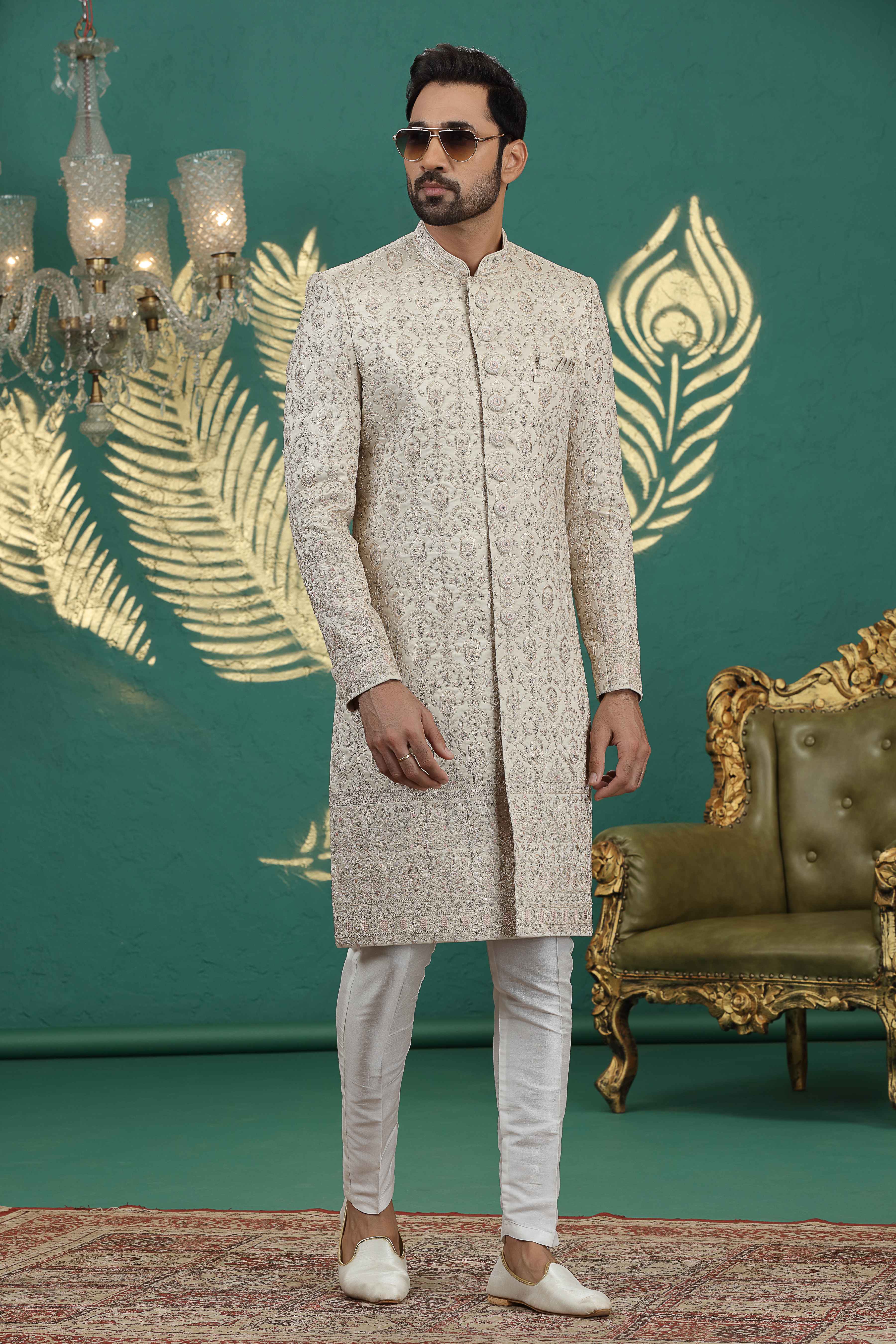 Traditional beige sherwani with Dupion pant