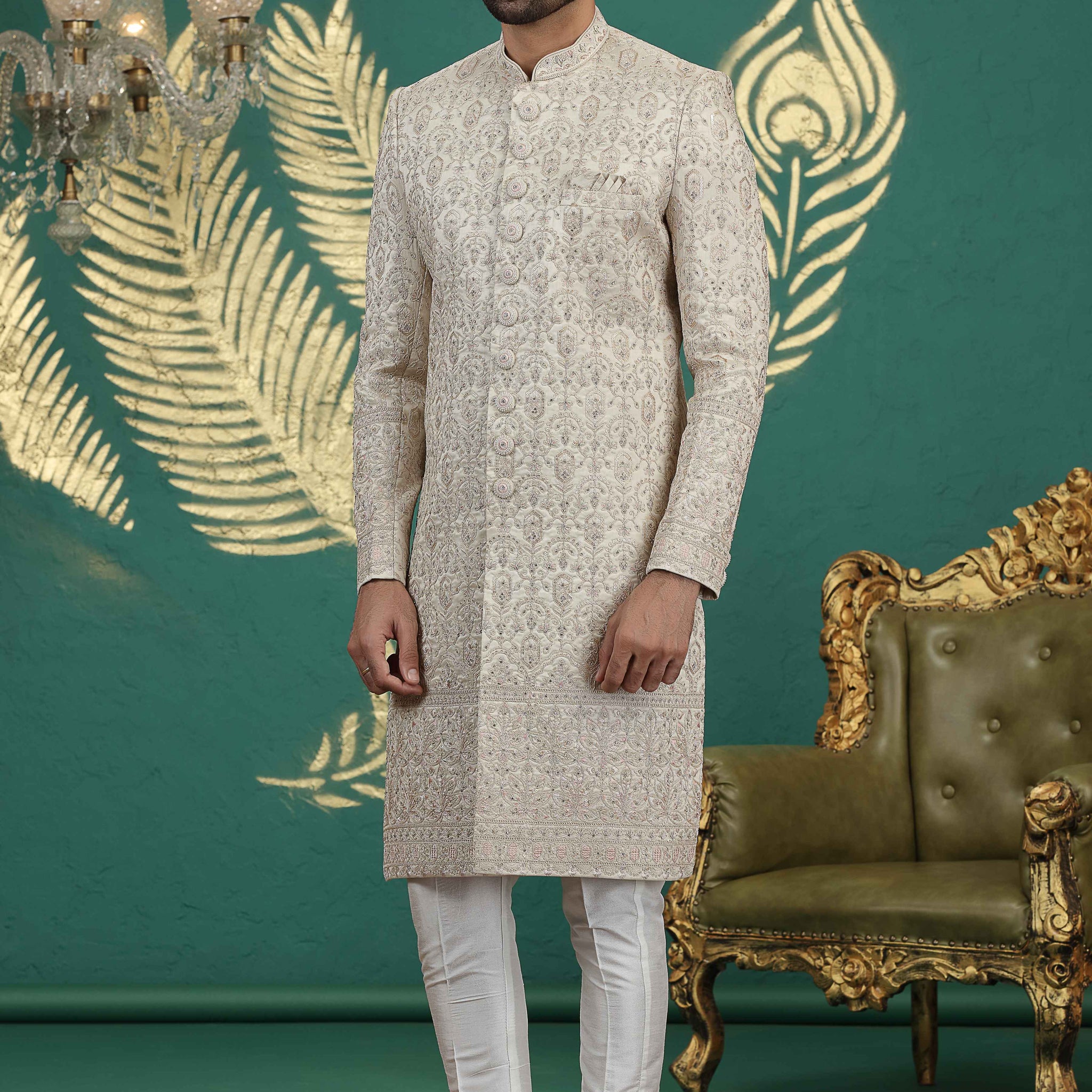 Beige hand embroidered sherwani for groom