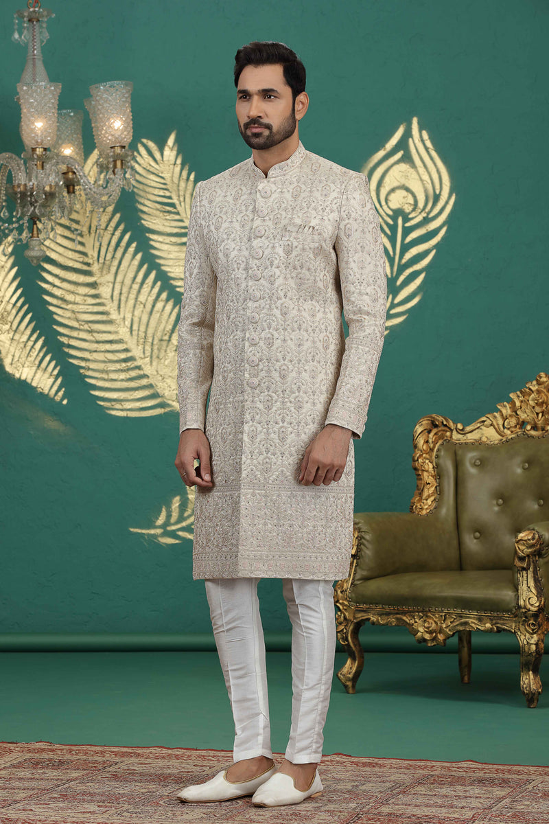 Beige hand embroidered sherwani for groom