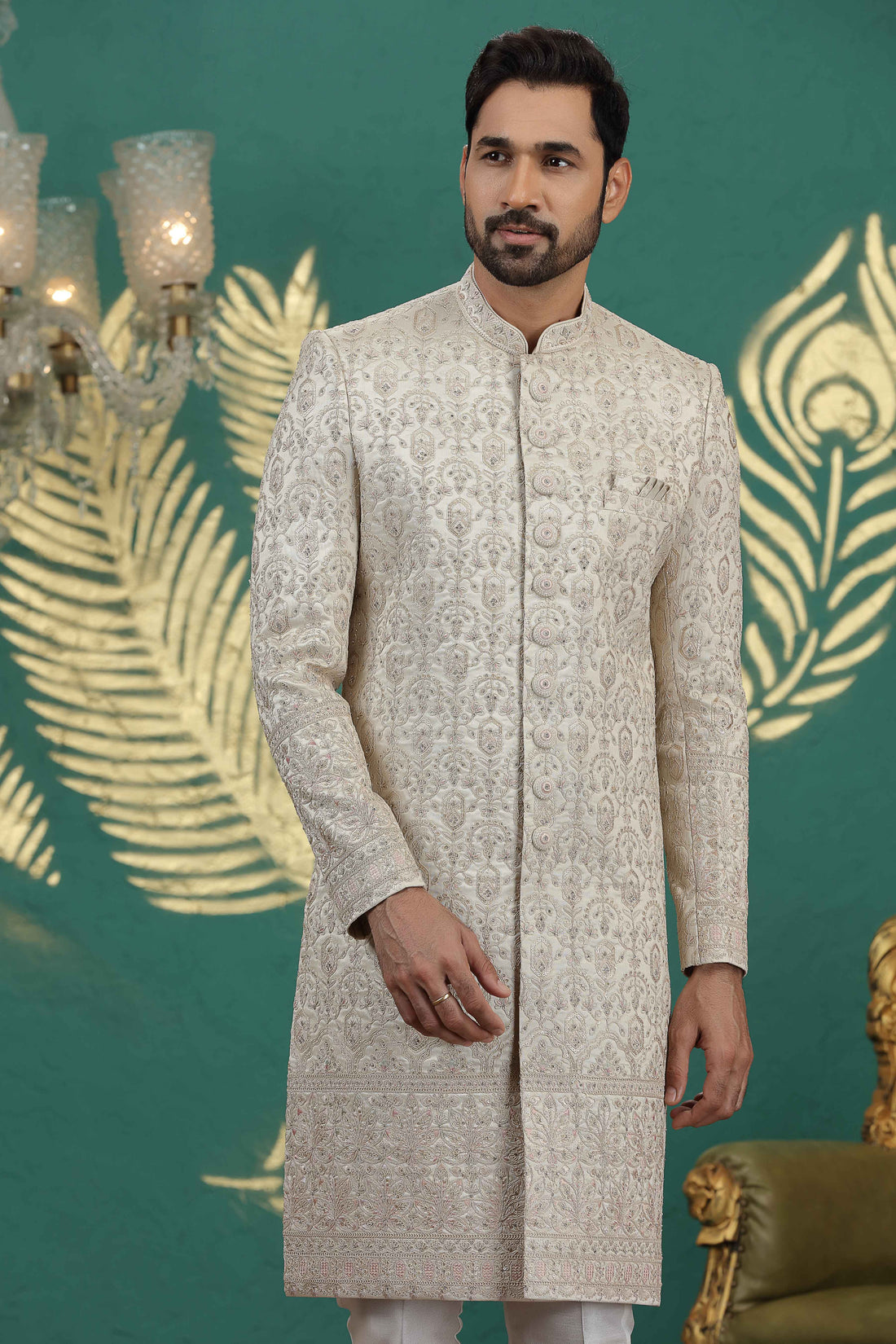 Beige hand embroidered sherwani for groom