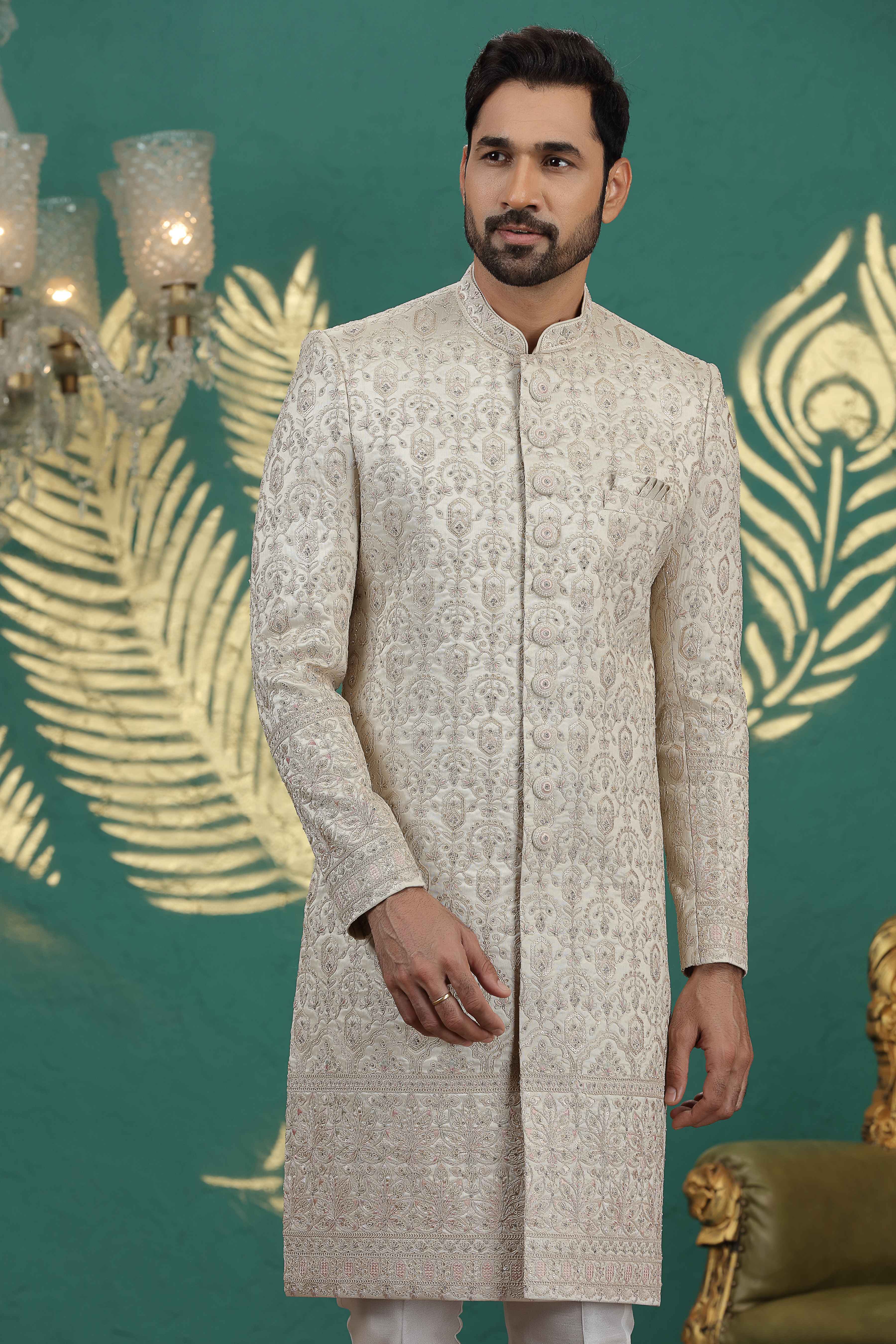 Royal beige art silk sherwani for wedding
