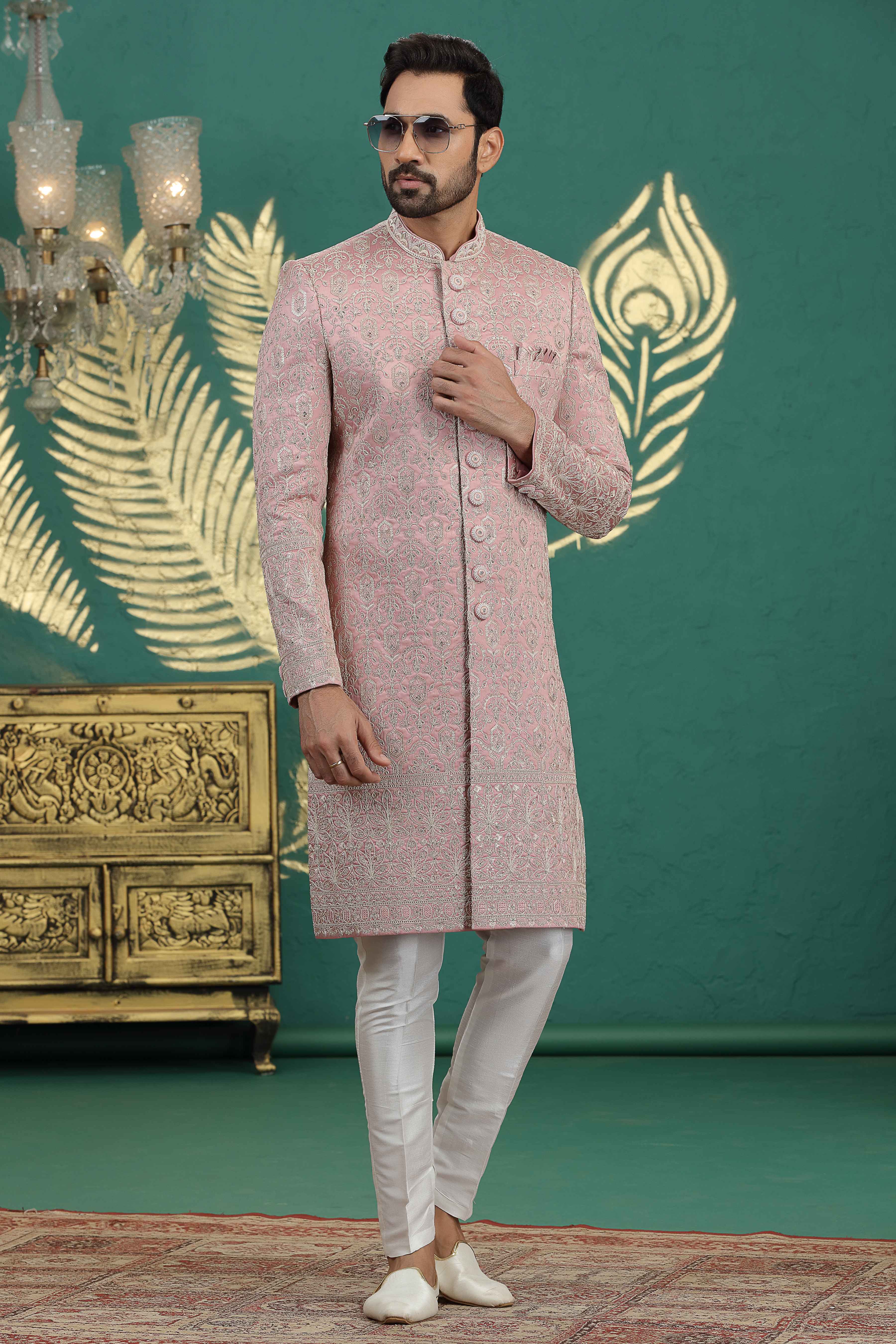 Traditional pink sherwani with Dupion pant