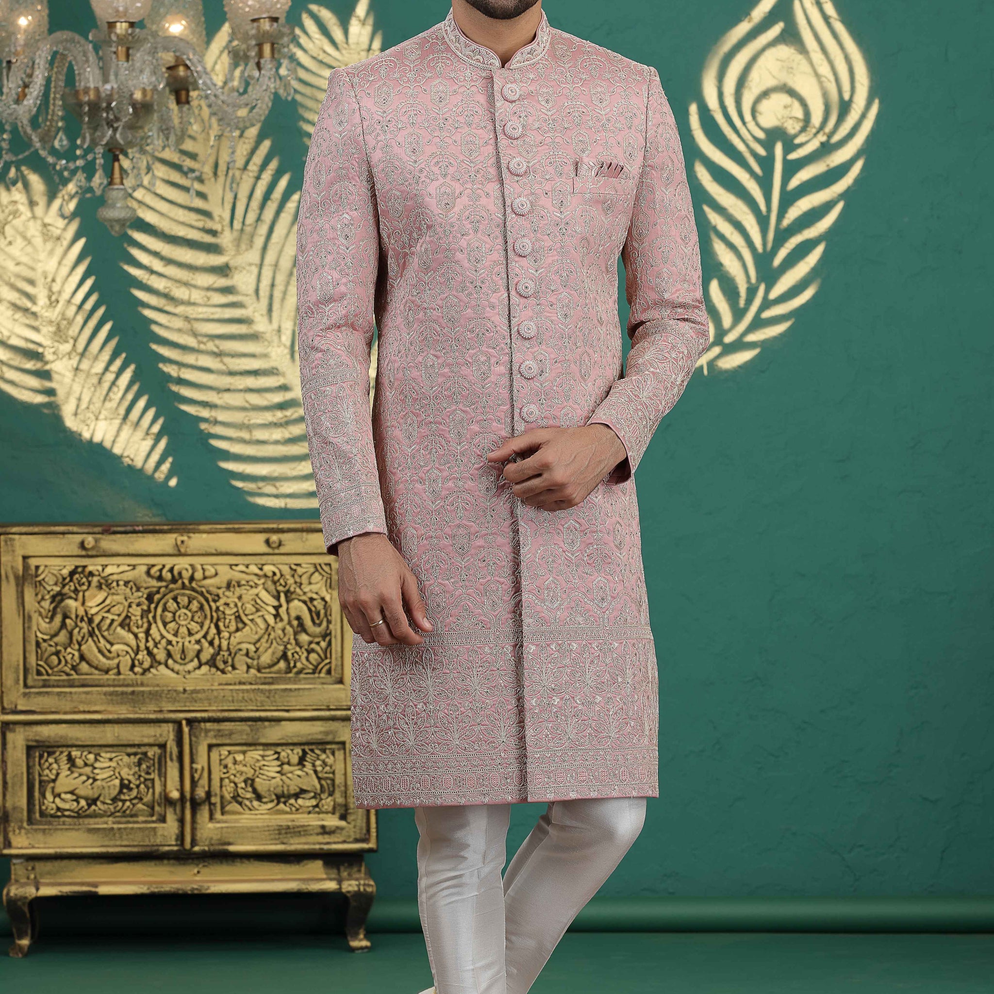 Onion pink embroidered sherwani for groom
