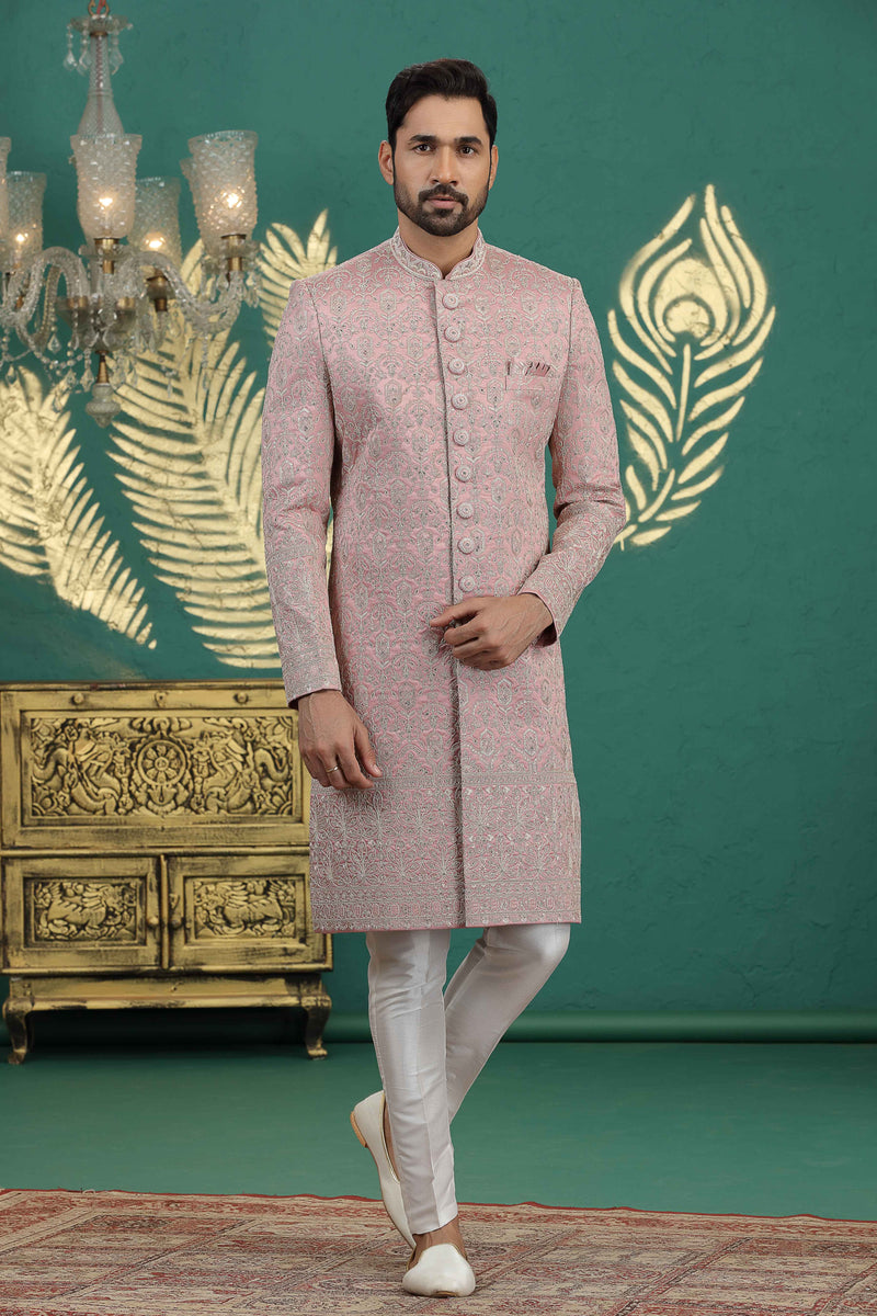 Onion pink embroidered sherwani for groom