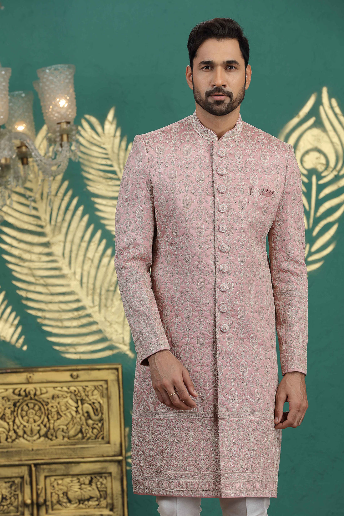 Onion pink embroidered sherwani for groom